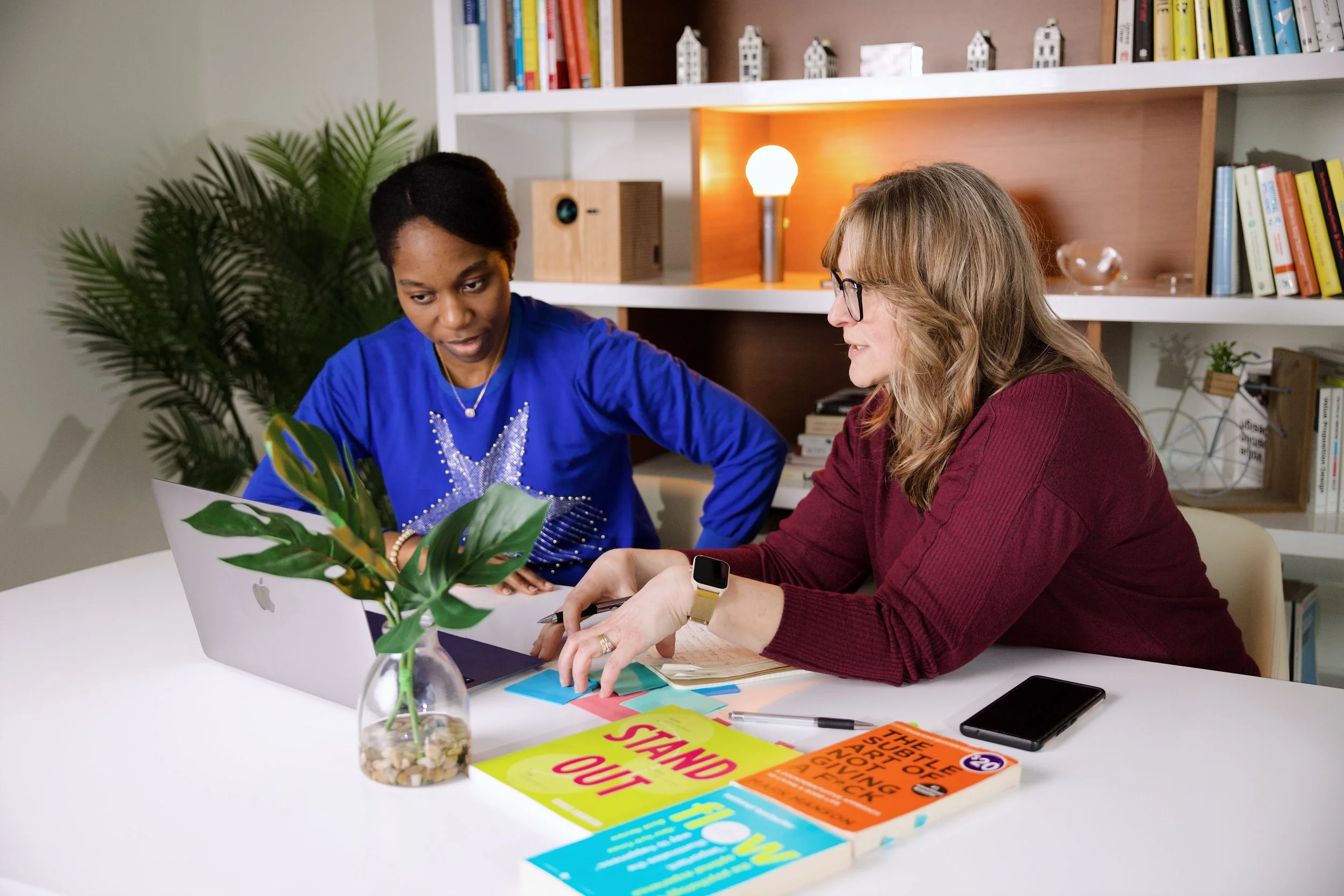 Women working together at a desk with a bookshelf behind them and a plant.
