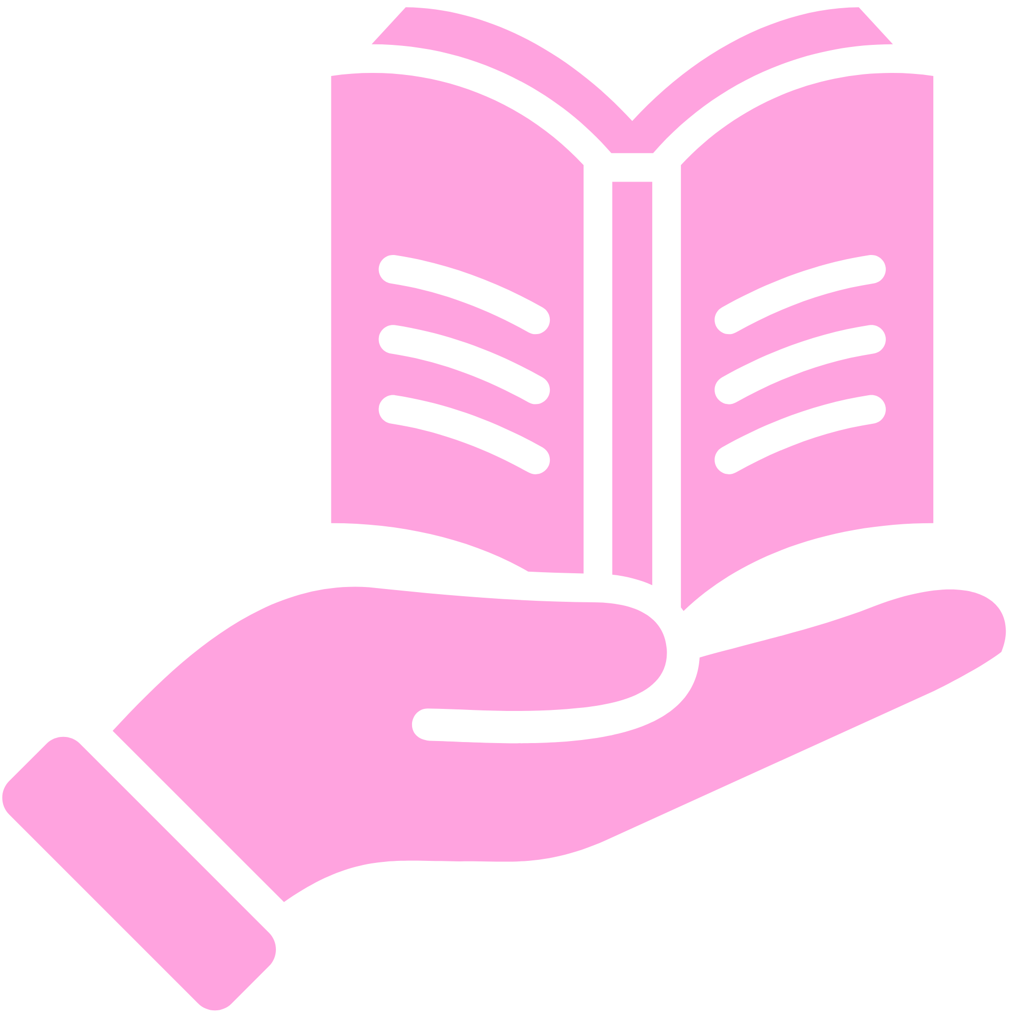 Pink open book illustration, held in two hands.