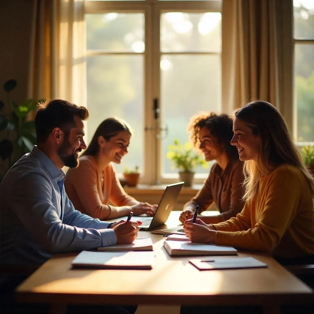 Photo is of people gathering around a table.