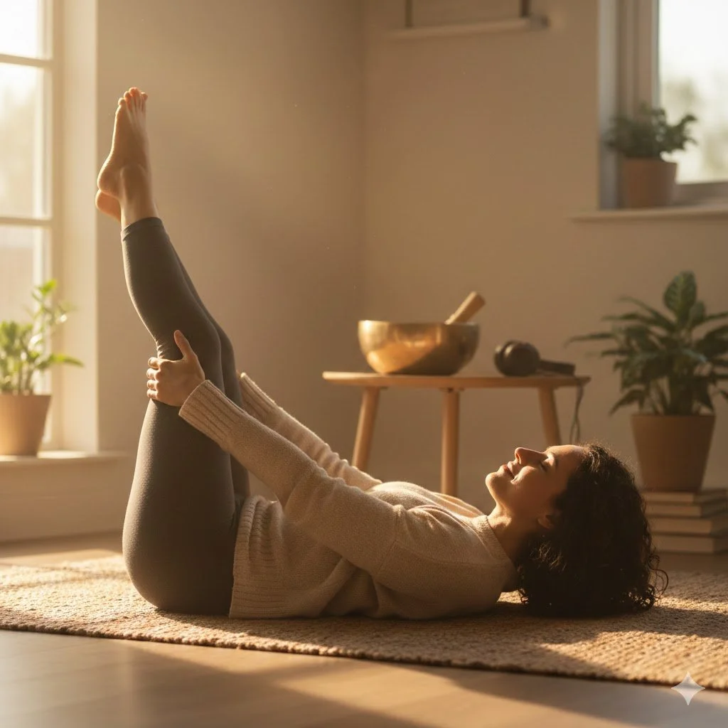 Woman practicing a restorative supine leg stretch in a sunlit room with a meditation gong bowl, representing LifeFit metabolic recovery and playful movement
