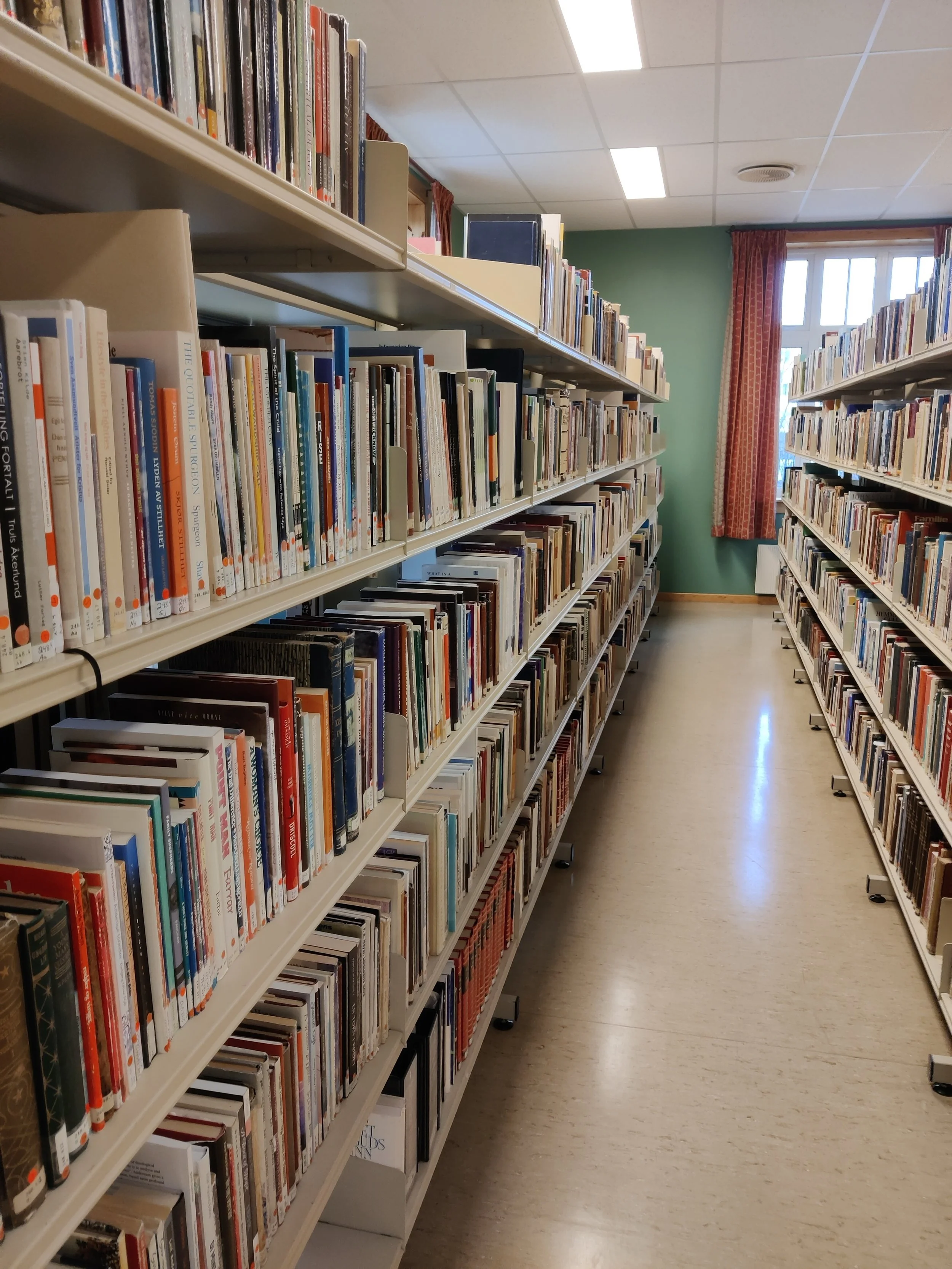 Vi har et stort og flott bibliotek p&aring; Fjellhaug som vi deler med h&oslash;yskolen! Der du kan l&aring;ne mange spennende b&oslash;ker!😄 Det er mange b&oslash;ker om det kristne livet og teologi. Du kan ogs&aring; finne akademiske b&oslash;ker 