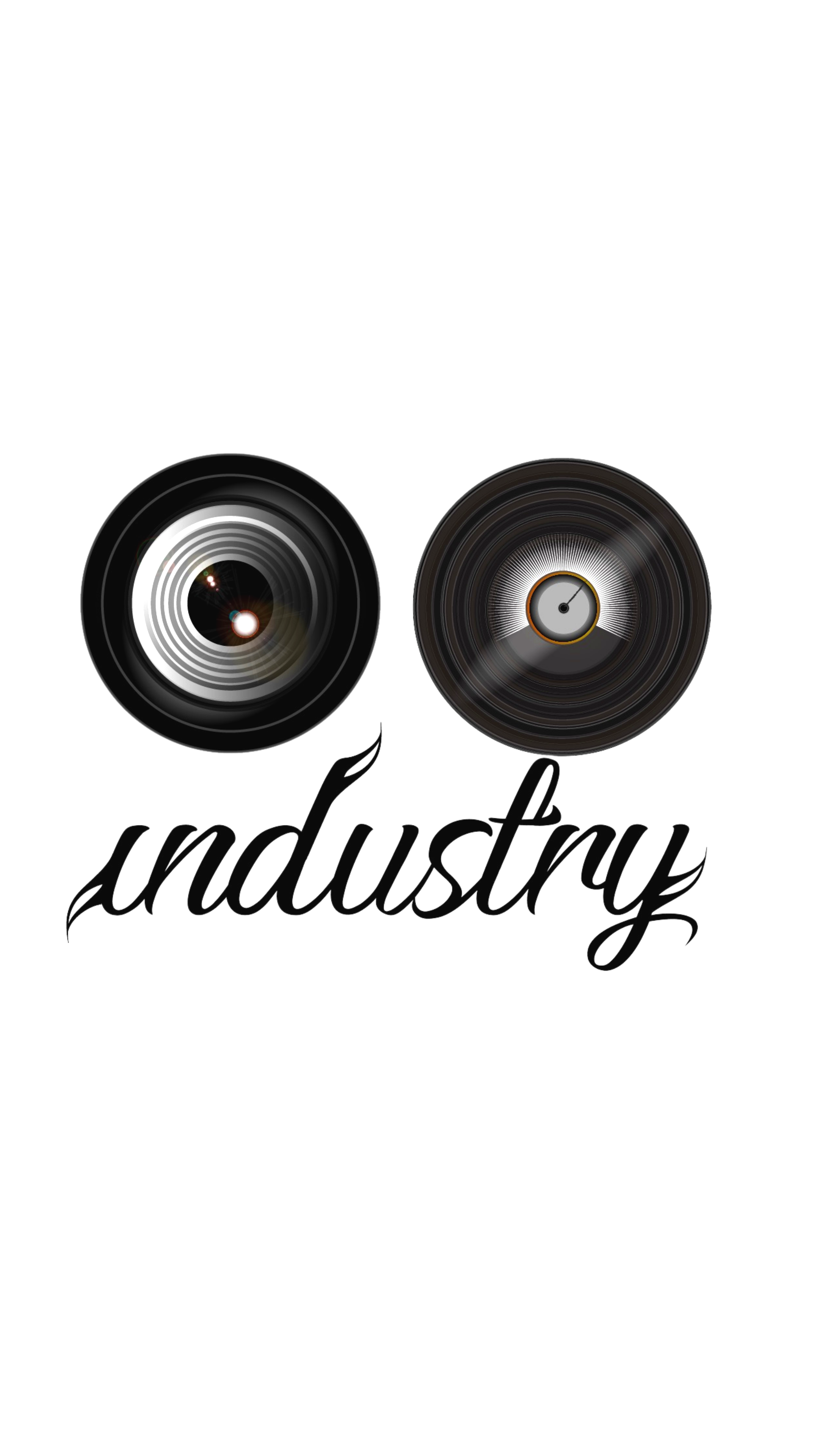 Graphic design with two speakers resembling eyes and the word 'industry' written in a black, cursive font.