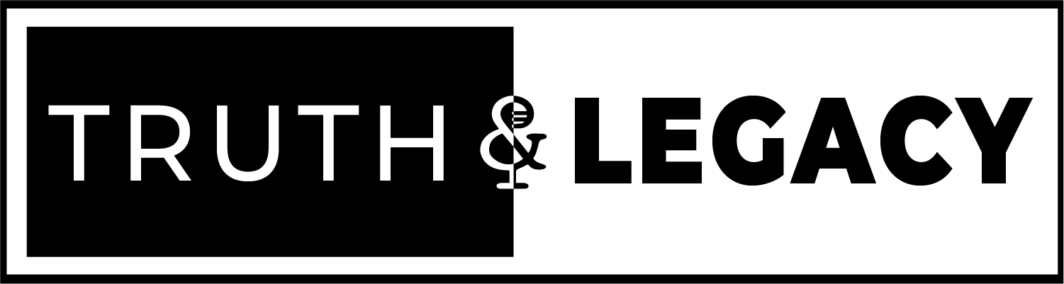 A graphic design with the words 'TRUTH & LEGACY', where 'TRUTH' is in white text on a black background, '&' is in the middle with a DNA helix and a vintage scale, and 'LEGACY' is in black text on a white background.