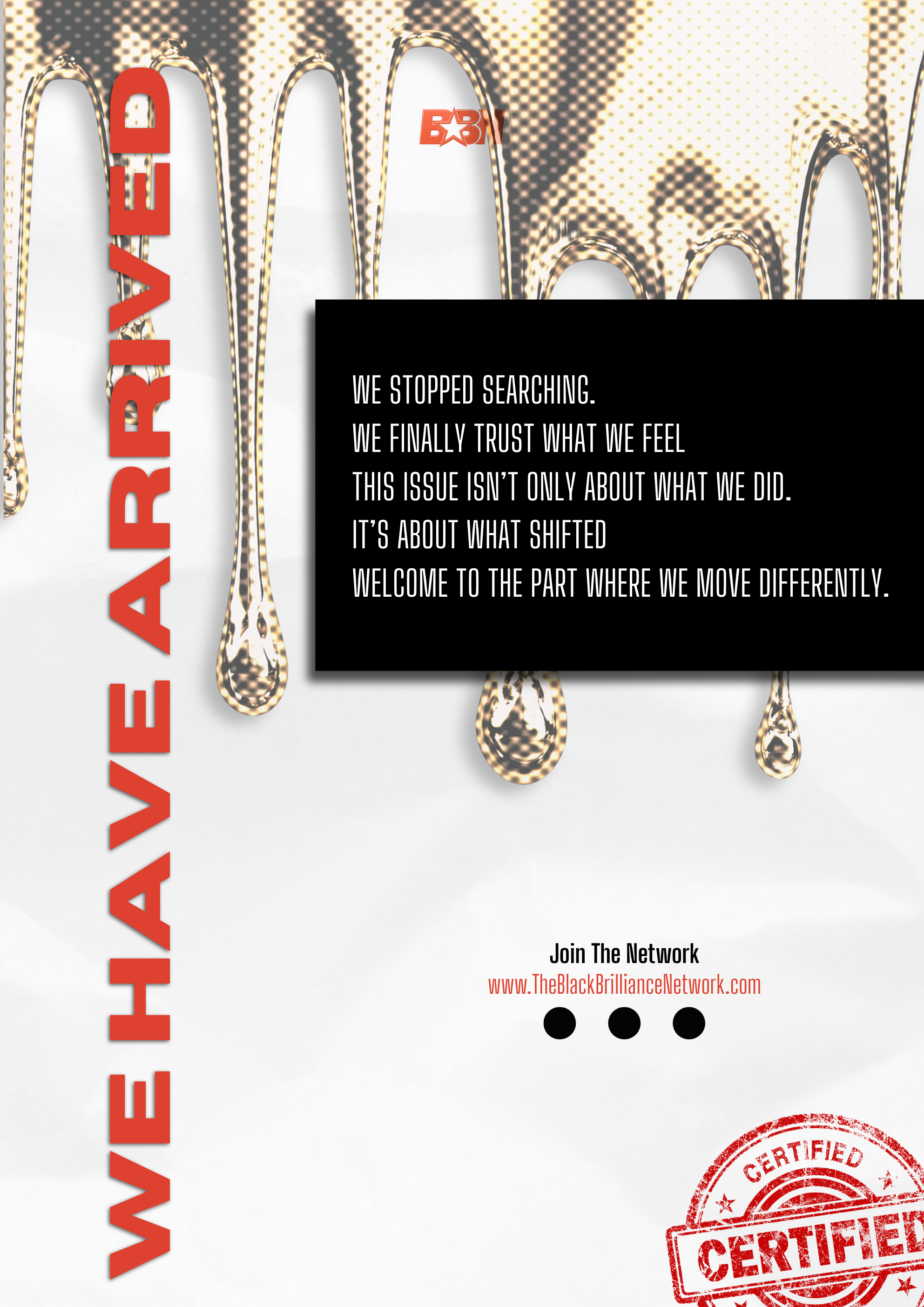 Front page of a certificate or flyer with gold spoons in the background, large red text on the left reads 'WE HAVE THE', black box with white text reads 'WE STOPPED SEARCHING. WE FINALLY TRUST WHAT WE FEEL. THIS ISSUE ISN'T ONLY ABOUT WHAT WE DID. IT'S ABOUT WHAT SHIFTED. WELCOME TO THE PART WHERE WE MOVE DIFFERENTLY.' At the bottom, there's a website link www.TheBlackBrillianceNetwork.com and a red stamp with the words 'CERTIFIED'.