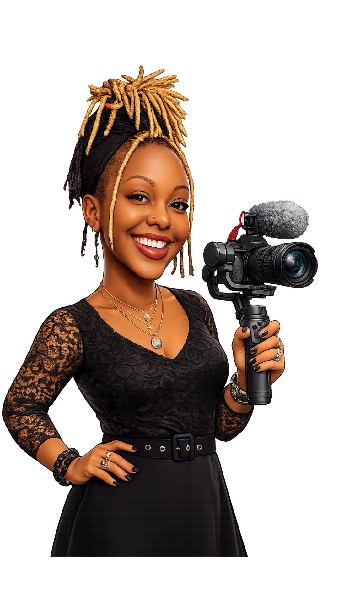 A young woman with blonde dreadlocks, smiling, holding a professional video camera with a microphone attached.