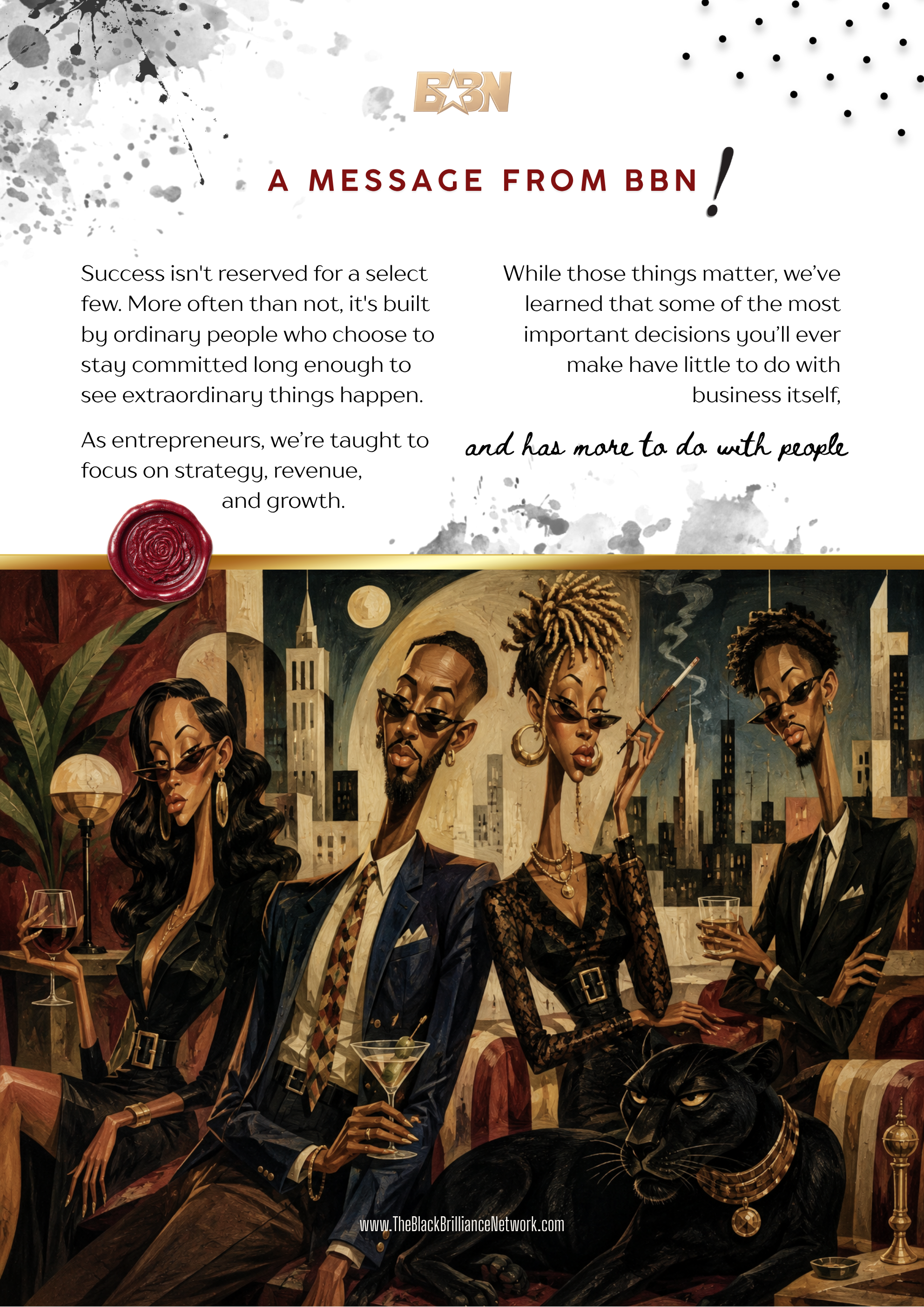 A painting of stylish Black men and women in a sophisticated, urban setting drinking cocktails, with a city skyline and moon in the background.