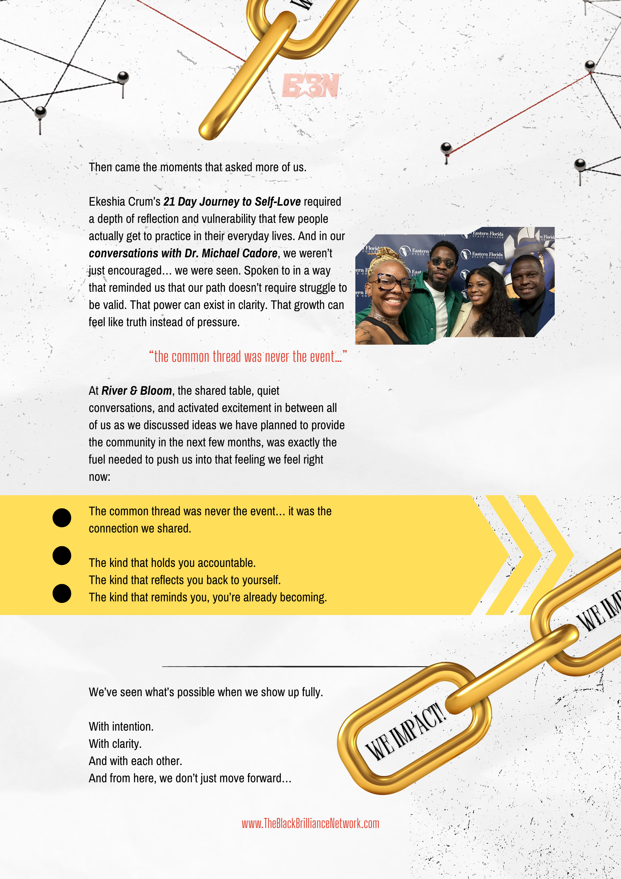 A decorated event flyer with a gold chain and clip, featuring a group photo of four diverse people smiling at the camera, and text discussing self-love, reflection, and community support.