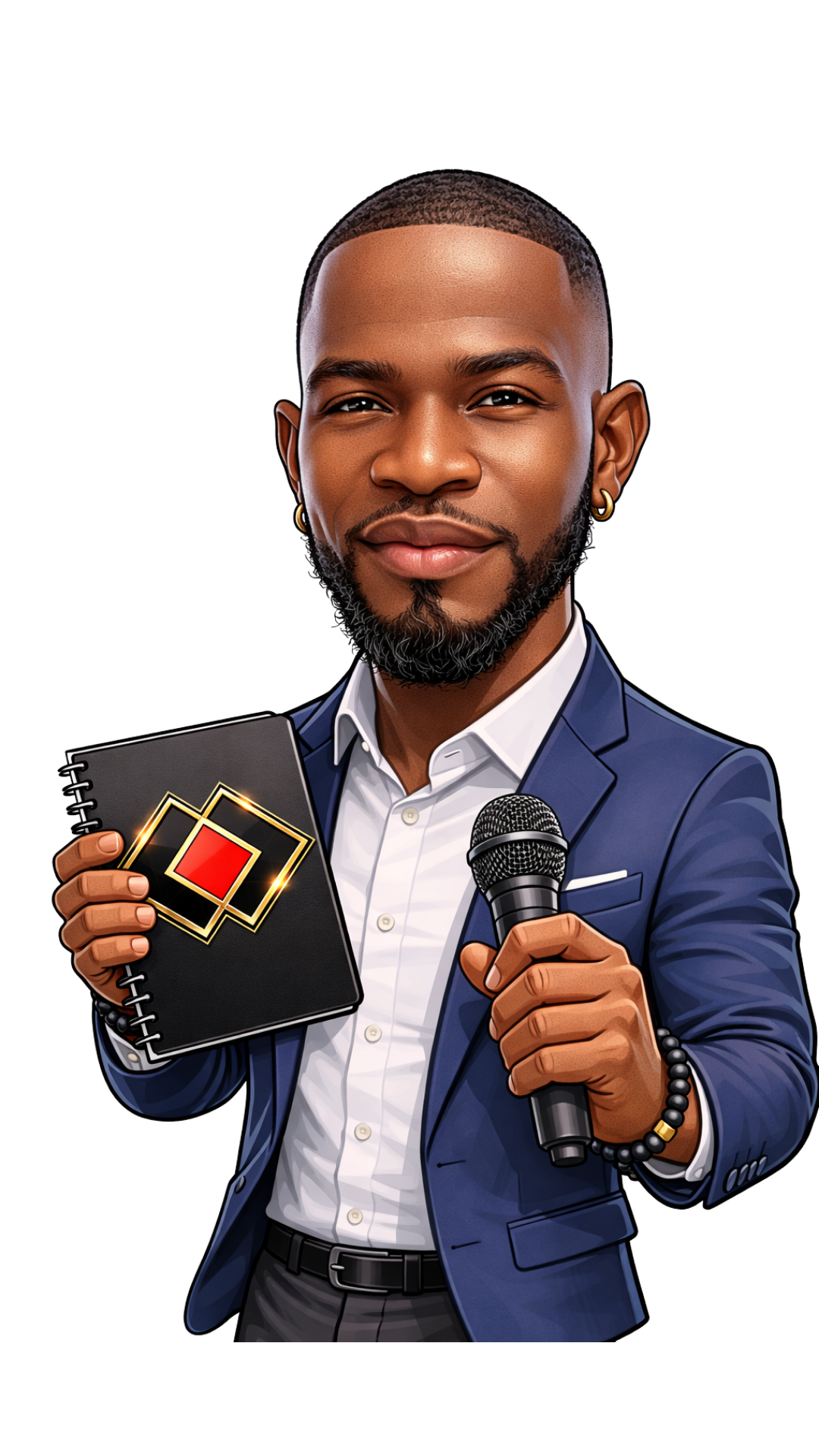 A man in a blue suit and white shirt holding a microphone in his right hand and a black notebook with gold and red geometric design in his left hand, against a dark background.