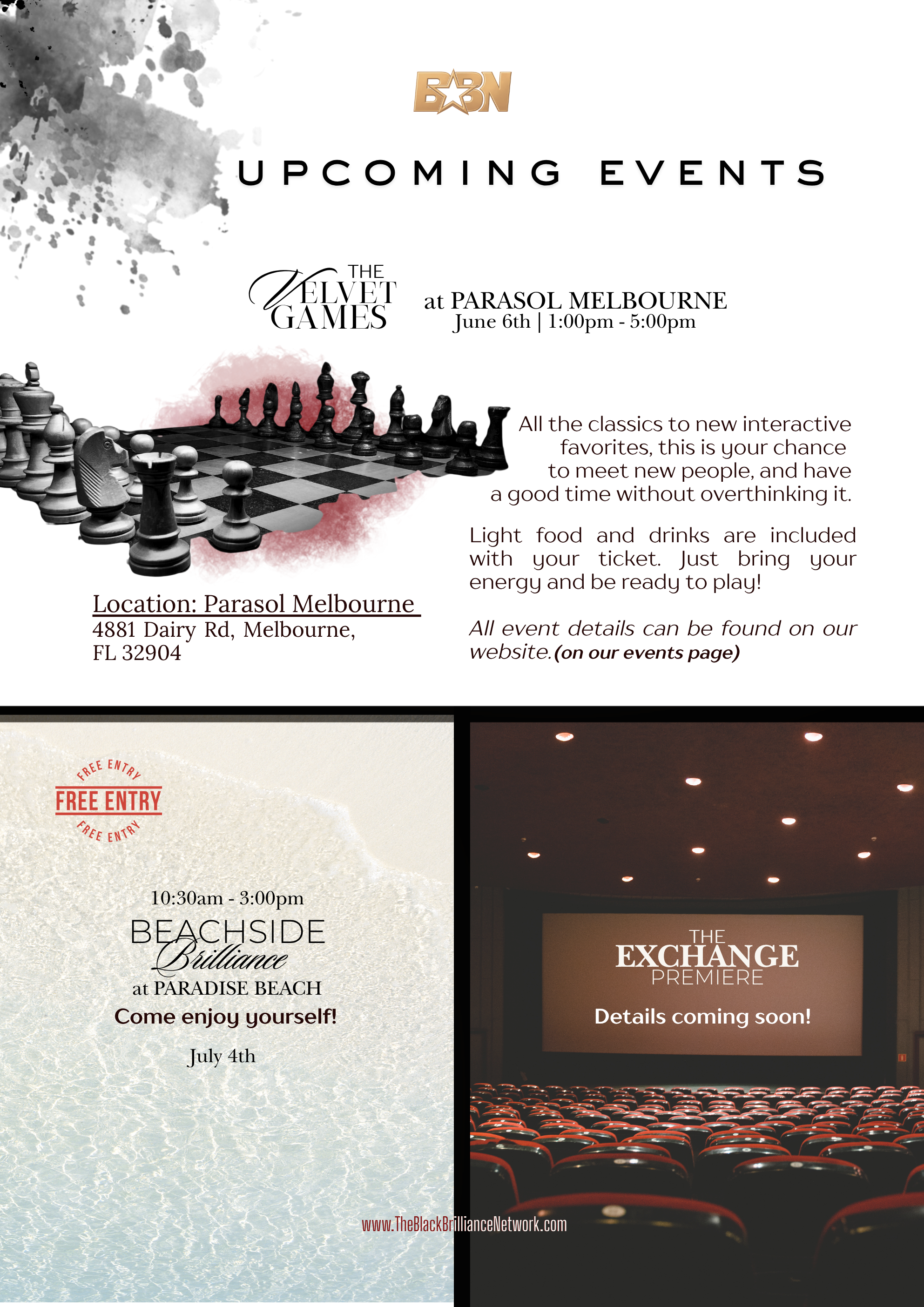 Promotional flyer for upcoming events including The Velvet Games at Parasol Melbourne on June 6th from 1:00 pm to 5:00 pm, Beachside Brilliance at Paradise Beach on July 4th from 10:30 am to 3:00 pm, and the Premiere of The Exchange with details coming soon. The flyer features images of a chessboard, a theater with an audience, and abstract designs, with some text highlighting free entry and event details.