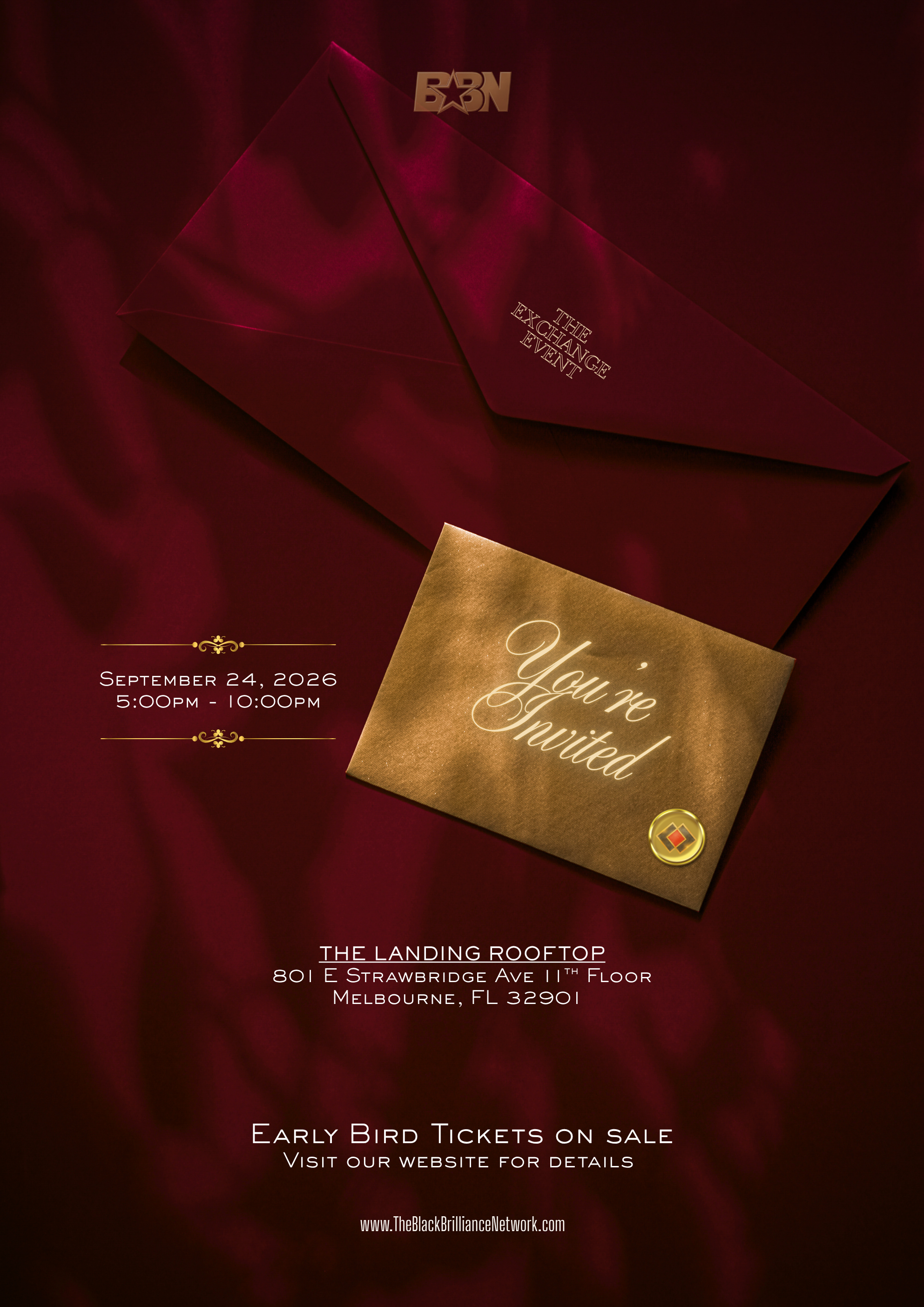 Invitation for an event called 'The Exchange Event' on September 24, 2026, from 5:00 PM to 10:00 PM at The Landing Rooftop, located at 801 E Strawbridge Ave, 11th Floor, Melbourne, FL 32901. The invitation features a red envelope with 'You're Invited' written in cursive on a gold card, and information about early bird tickets and website details.
