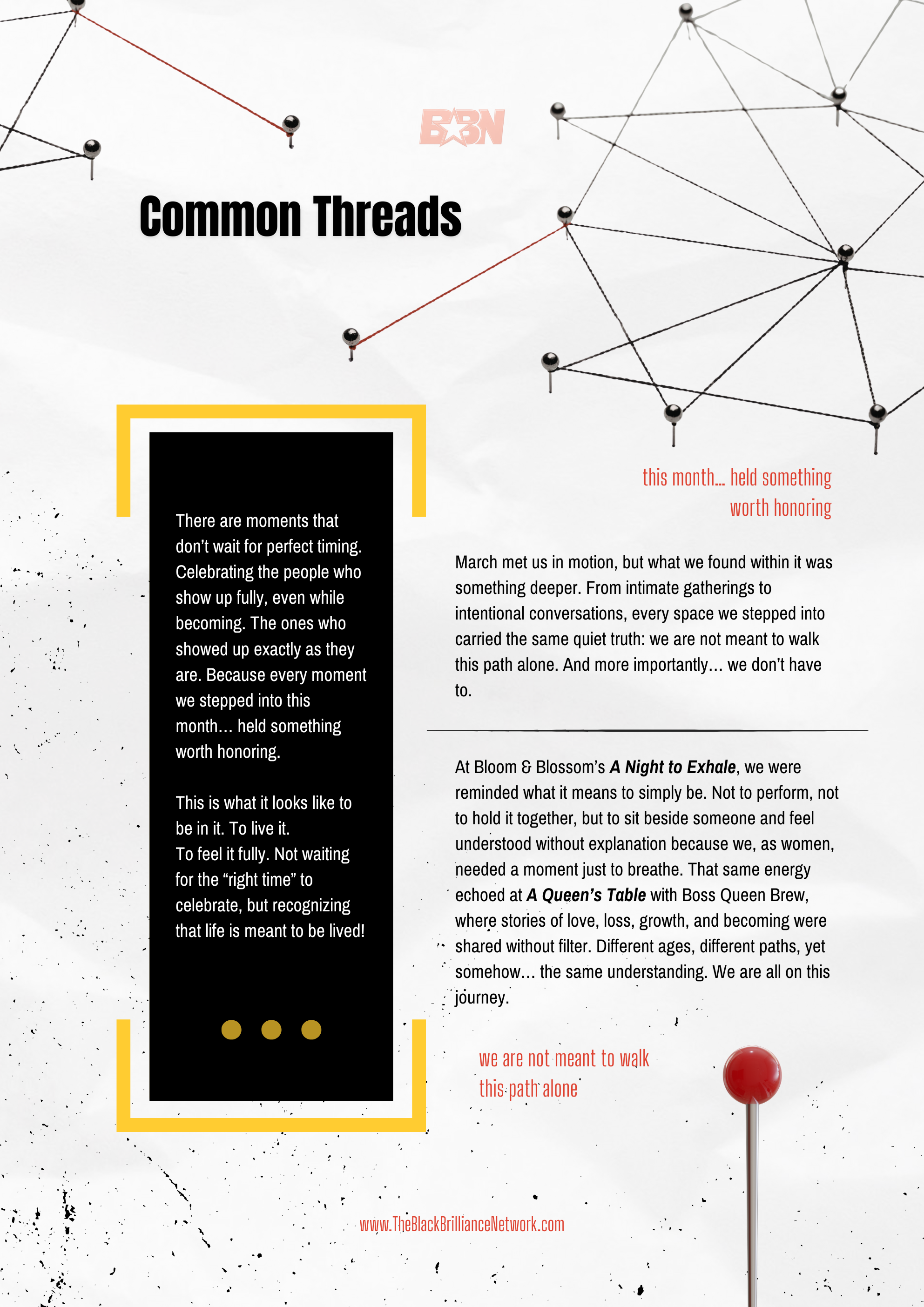 A flyer titled 'Common Threads' with abstract black lines and spheres, black and yellow borders, and a red pushpin in the bottom right corner.