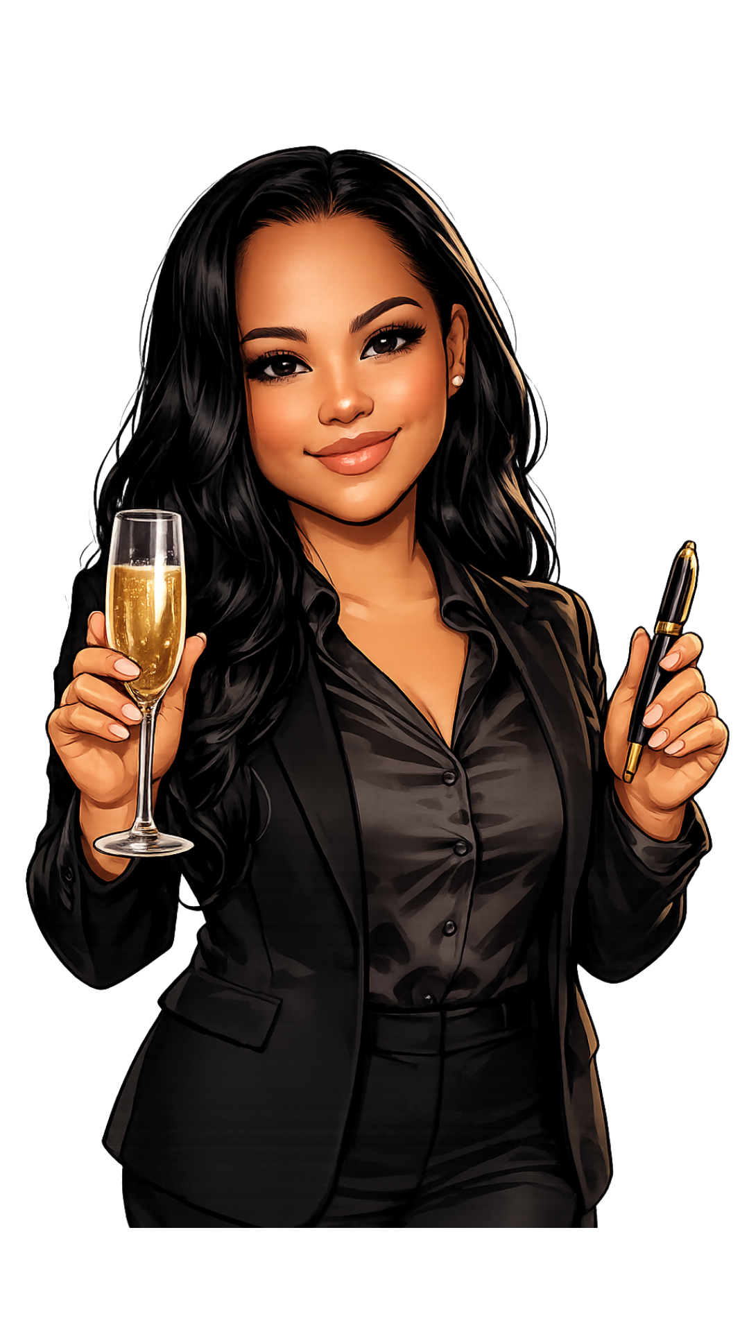 A woman with long black hair, wearing a black satin blazer, holding a glass of champagne in one hand and a pen in the other, smiling against a black background.