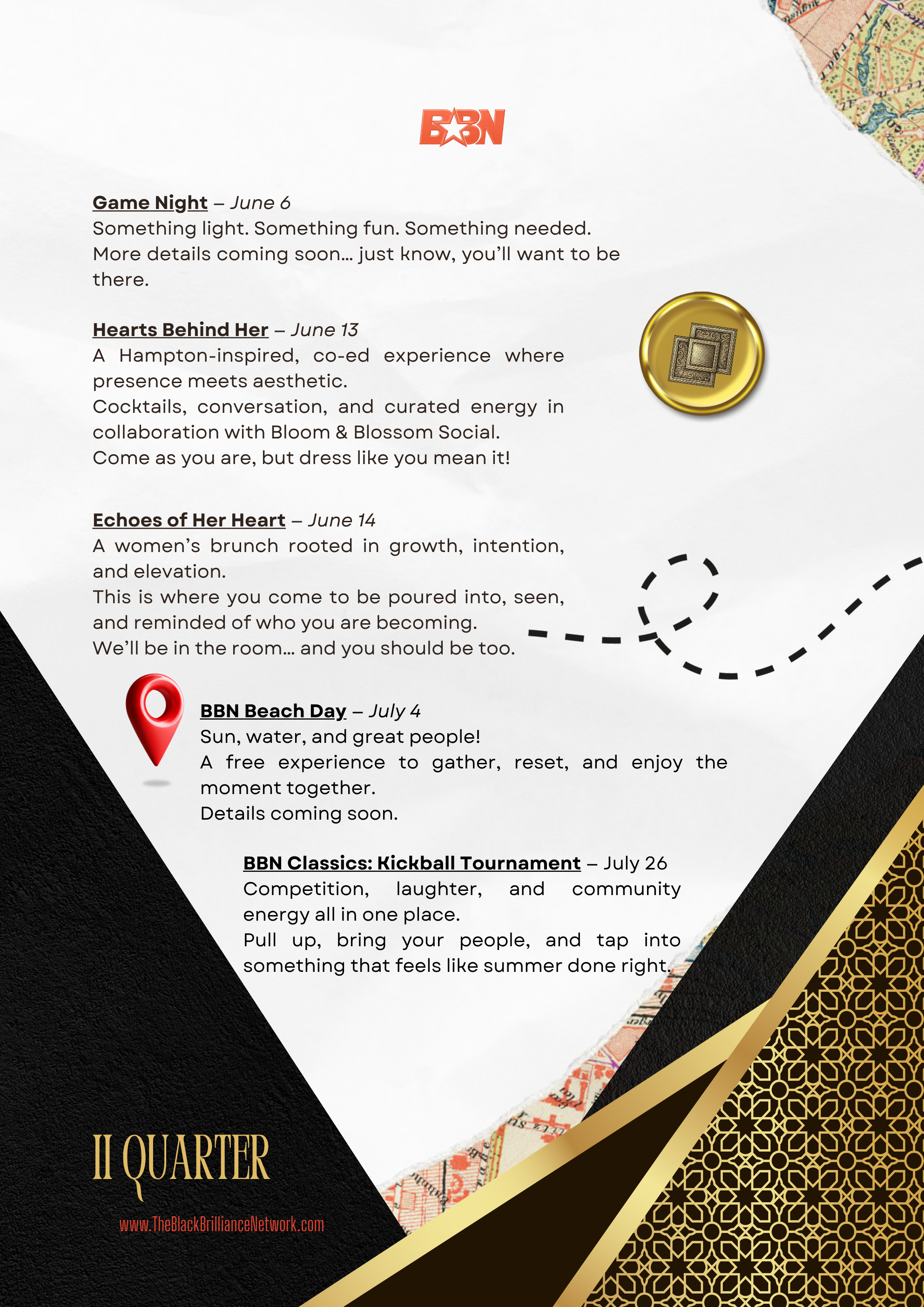 Event flyer featuring a schedule of activities and events for a community gathering, with dates, descriptions, and decorative elements including a map, gold medallion, and red location pin icon.