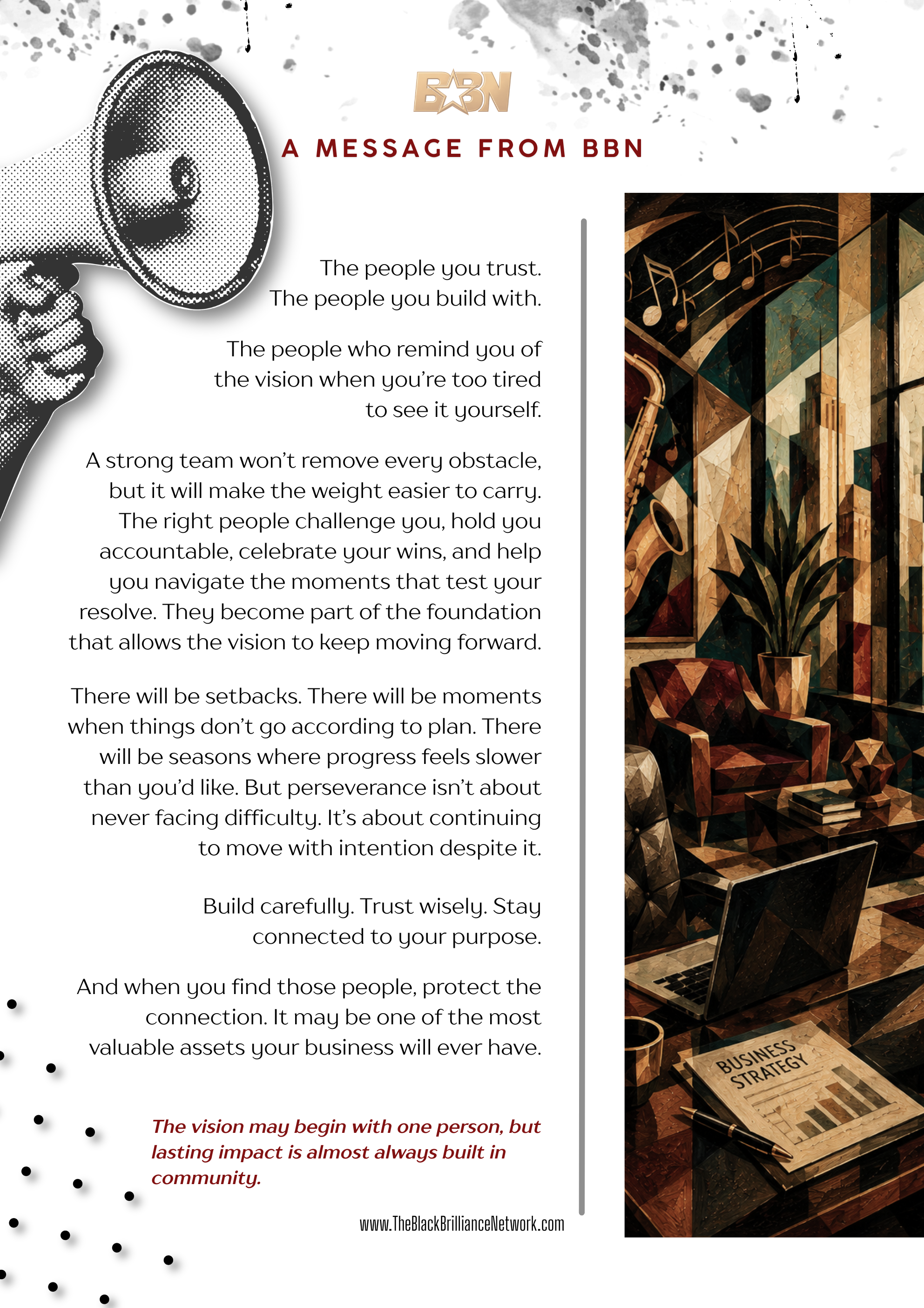 An image of a printed message from BBN with a graphic of a megaphone and a photograph of a modern interior with musical notes, plants, and a laptop with a "Business Strategy" report on a desk.