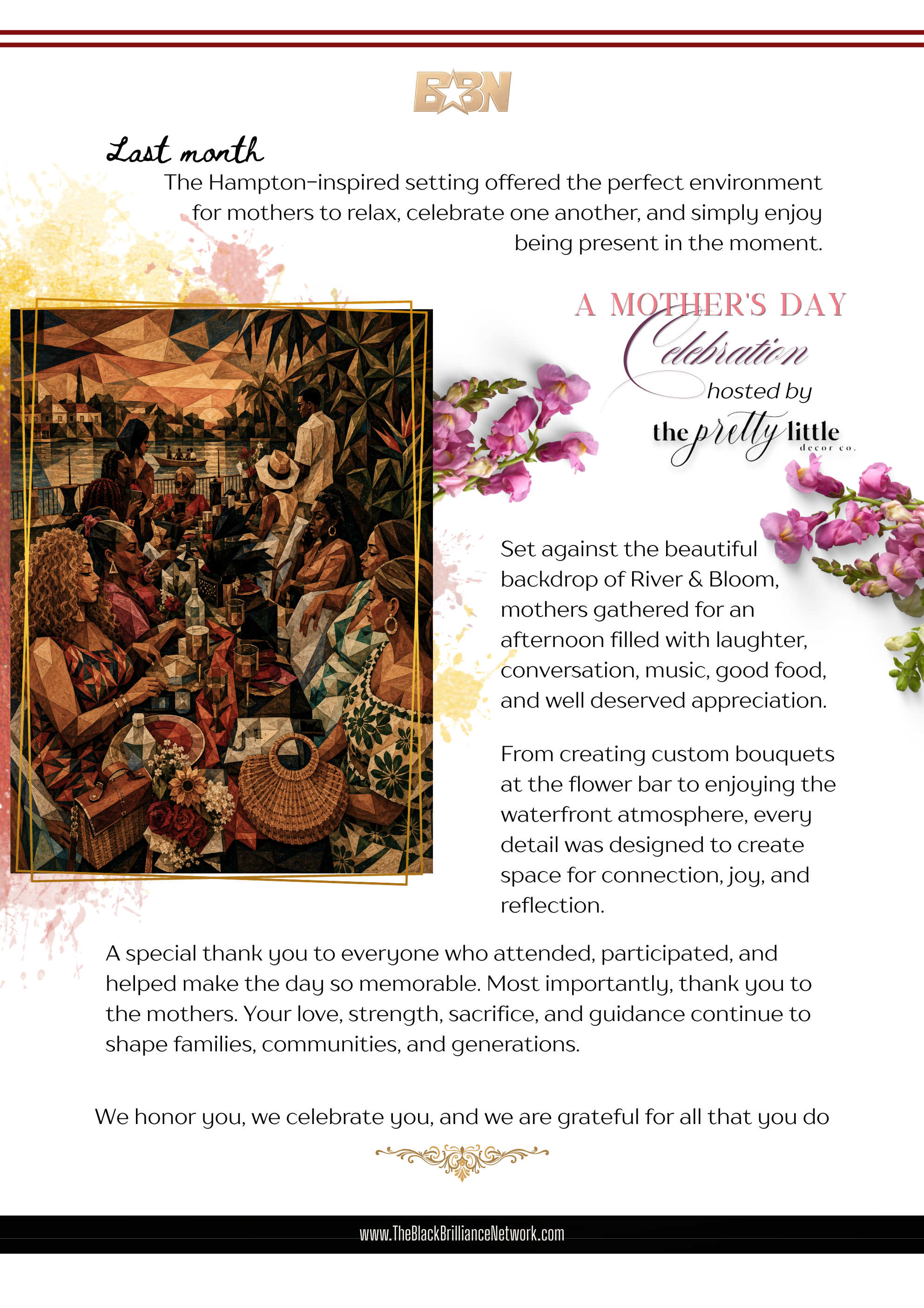 Celebration flyer with group of women gathering around a table at an outdoor event, with floral and nature-themed decorations, set by a waterfront, in a geometric art style. The flyer features text about a Mother's Day celebration event.