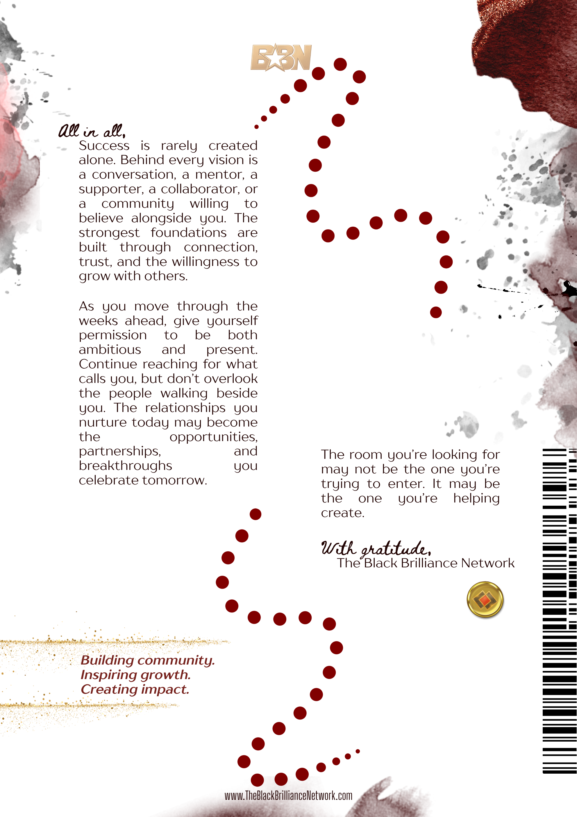 A motivational message from The Black Brilliance Network, featuring a decorative design with a maroon dotted outline forming a stylized letter 'B', floral watercolor accents, and a QR barcode at the bottom right corner.