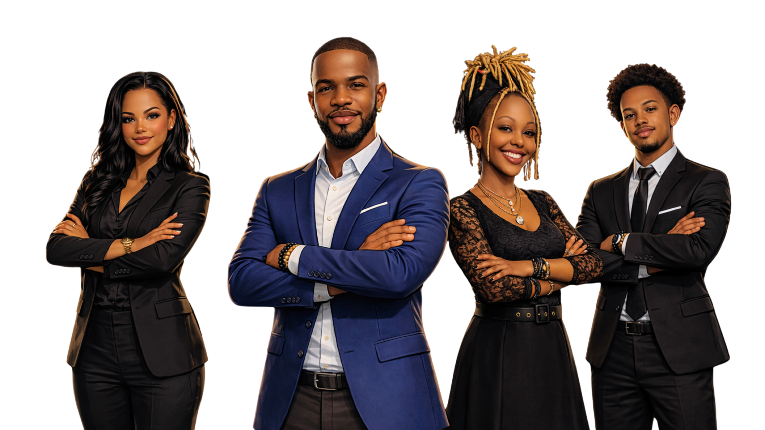 Four diverse professionals in business attire standing confidently with arms crossed against a colorful abstract background.