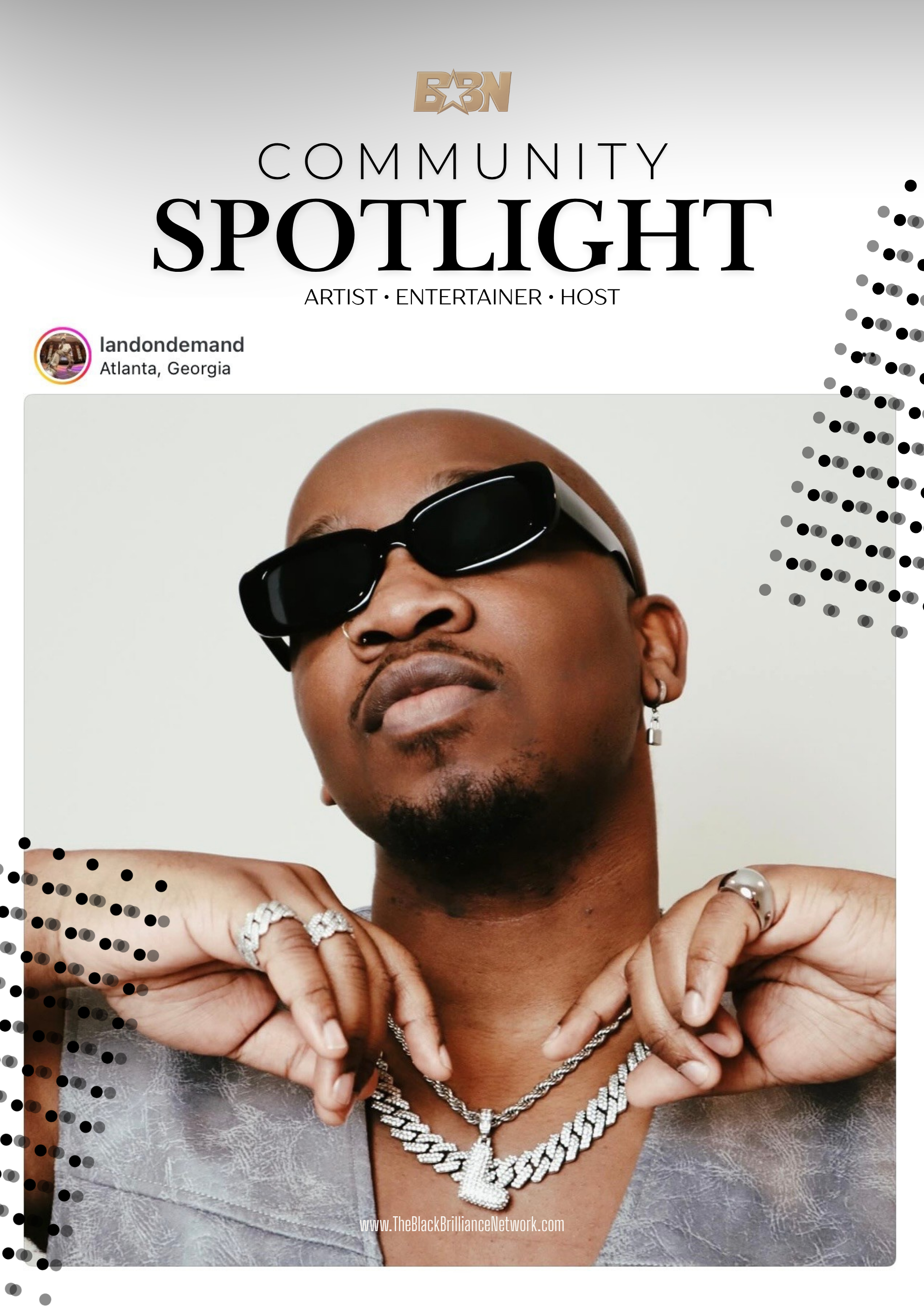 Promotional flyer for a community spotlight event featuring artist, entertainer, host, with a close-up of a woman wearing sunglasses and silver jewelry, hands positioned near her face, with the website www.TheBlackBrillianceNetwork.com at the bottom.