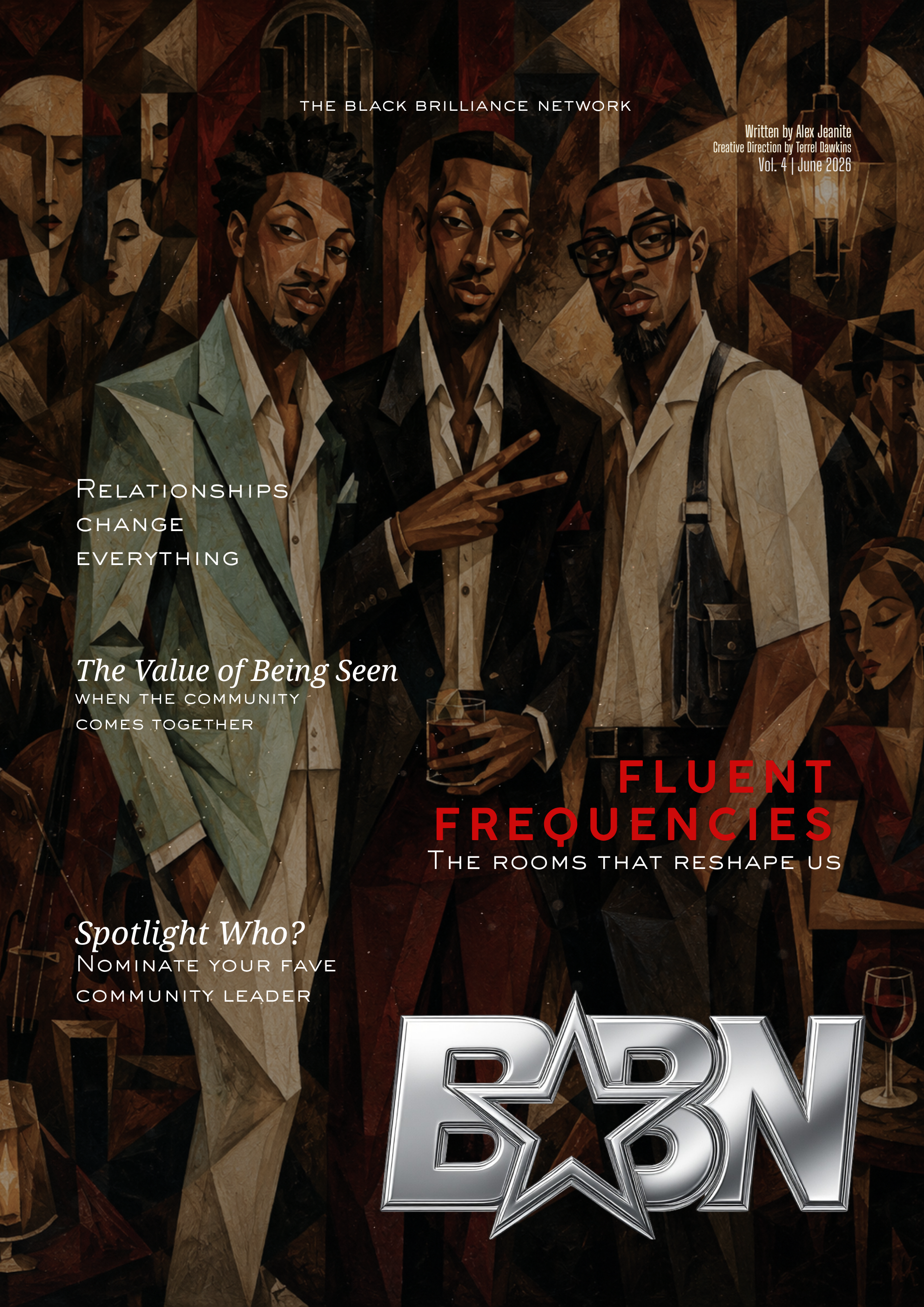 A digital illustration of three Black men standing together in a social setting. They are dressed in formal or semi-formal attire. One man wears glasses and has a goatee, another makes a peace sign with his hand. The background contains artwork and decorative lighting elements. Overlaid text promotes a publication about relationships, community, and leadership.