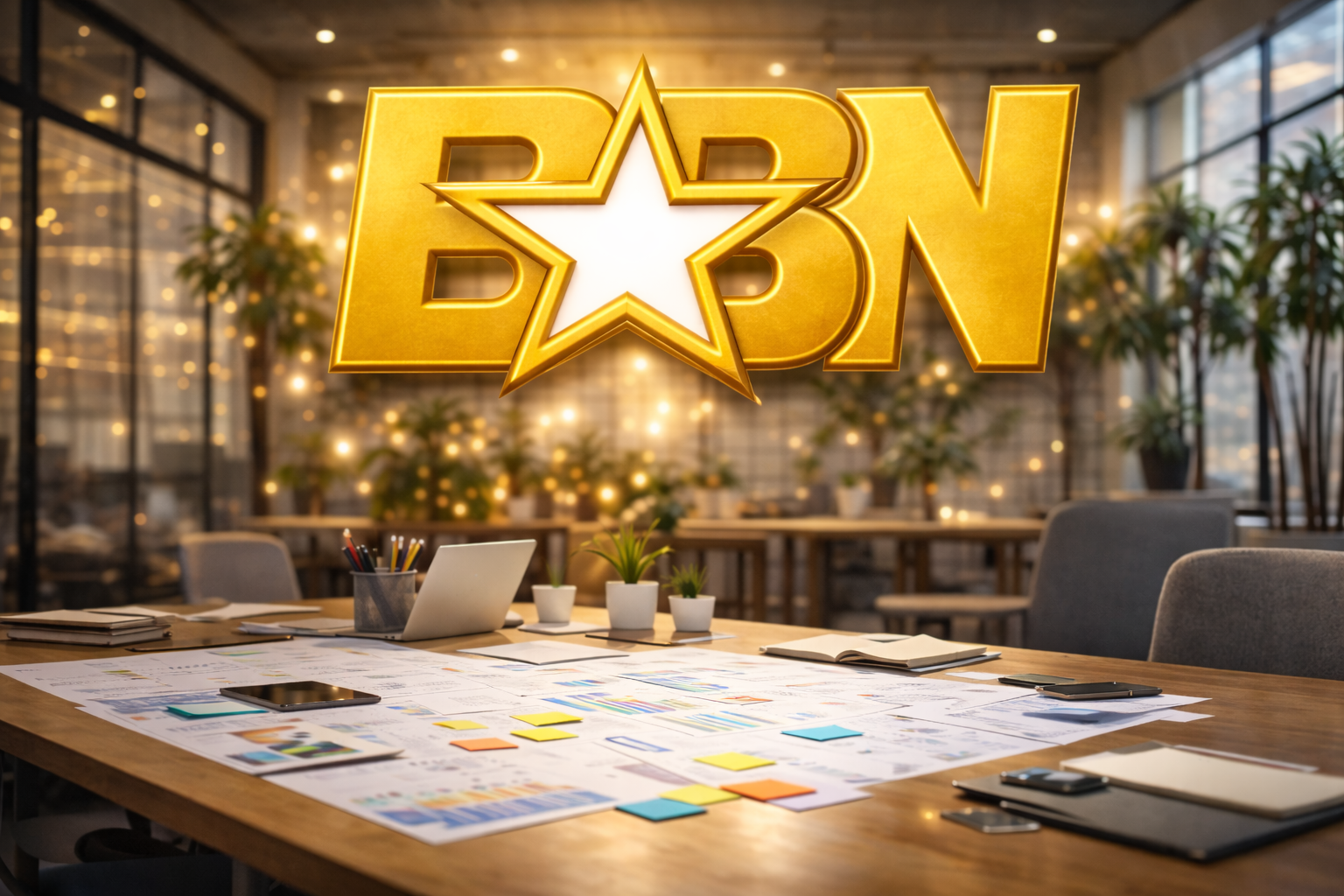 A modern conference room with a wooden table covered in papers, sticky notes, a laptop, and office supplies, with large windows and potted plants in the background. A large, illuminated gold sign with a star and the word 'BAD' is floating above the room.