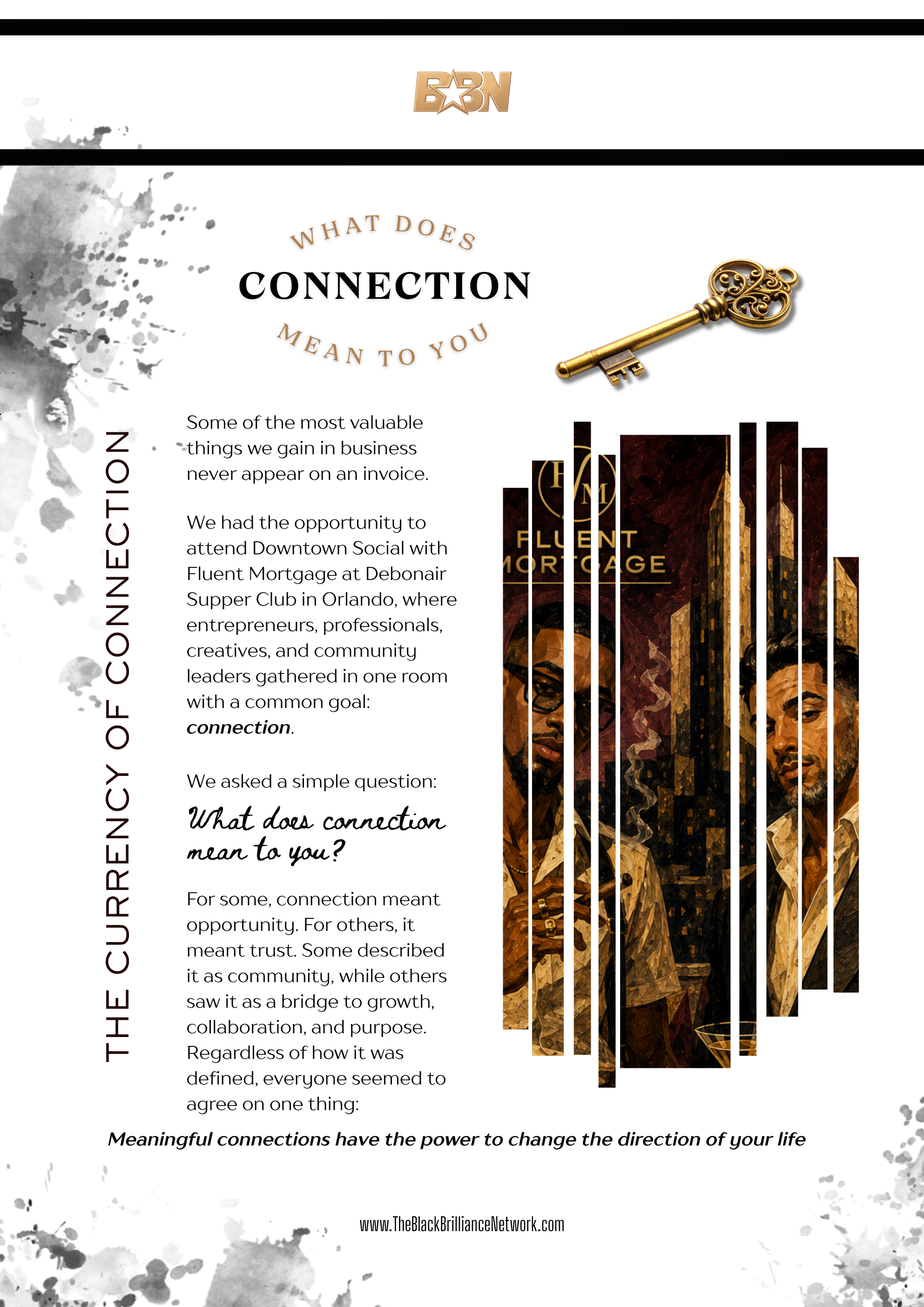 A graphic with the title 'What does connection mean to you?' and a small section of text discussing the importance of meaningful connections, featuring a golden key, an illustration of two people, and a URL at the bottom.