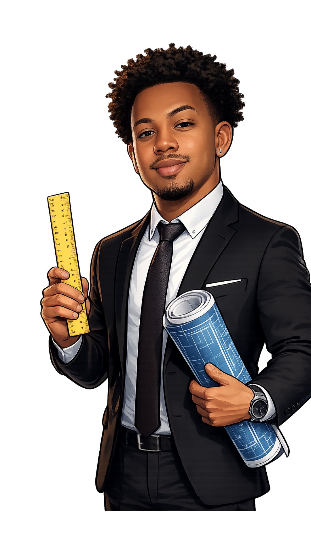 Young man in a suit holding a yellow ruler and blueprints, smiling confidently on a black background.