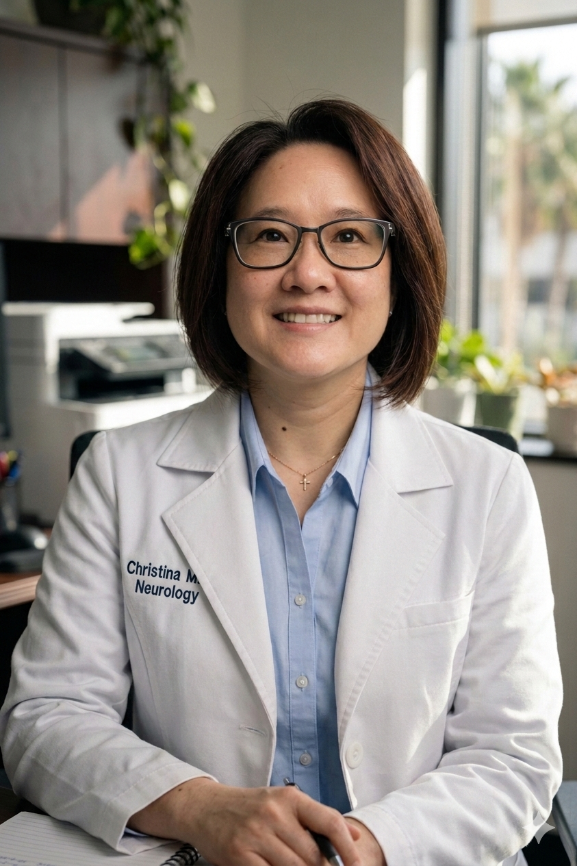 A woman with glasses and shoulder-length hair sitting in an office, wearing a white lab coat with a name tag that reads Christina M, Neurology. Medspa in 21224 Beach Blvd, Huntington Beach, CA 92648 | AURORA MD AESTHETICS AND HEAD SPA
