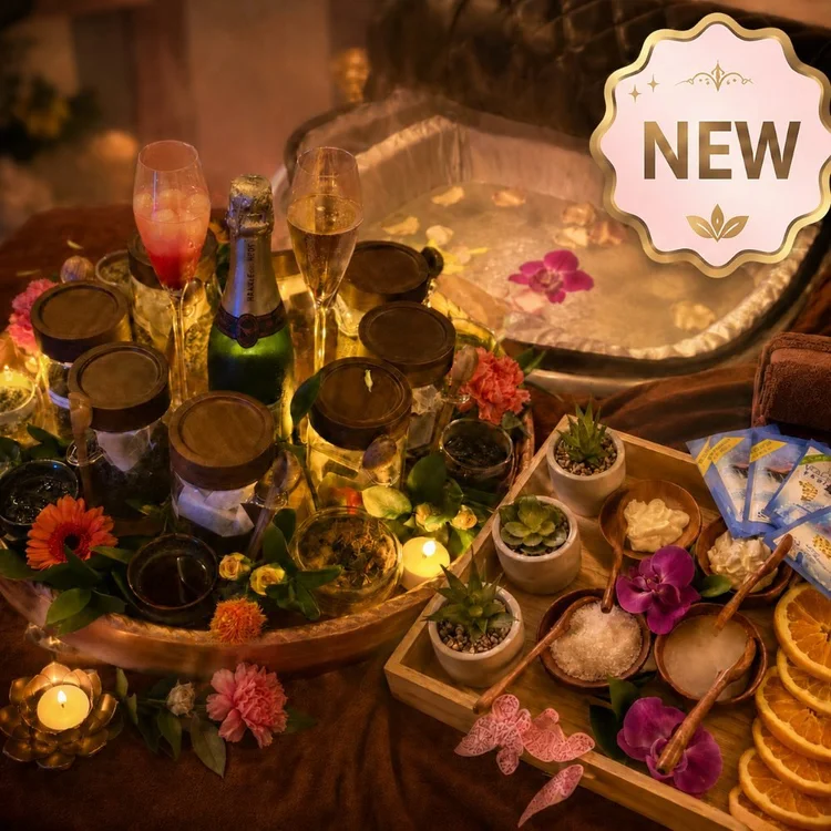 Candlelit tray of teas, champagne and flowers for the Aurora Ultimate Ritual