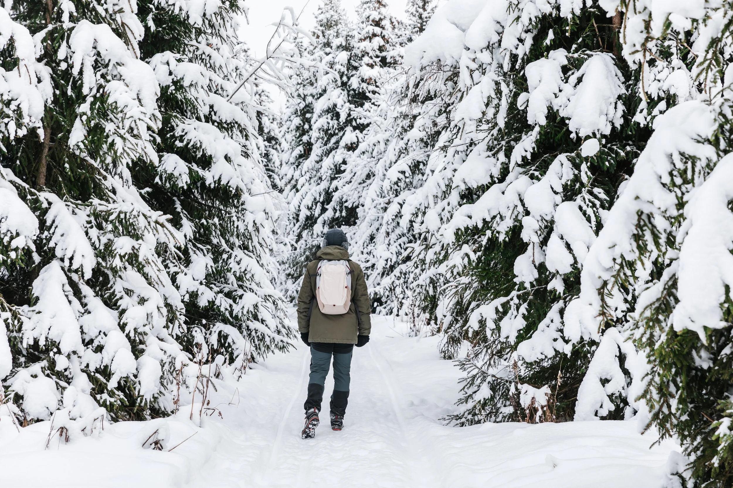 Une personne en veste, pantalon, gants, portant un sac à dos, marche dans une forêt enneigée entourée d'arbres couverts de neige.