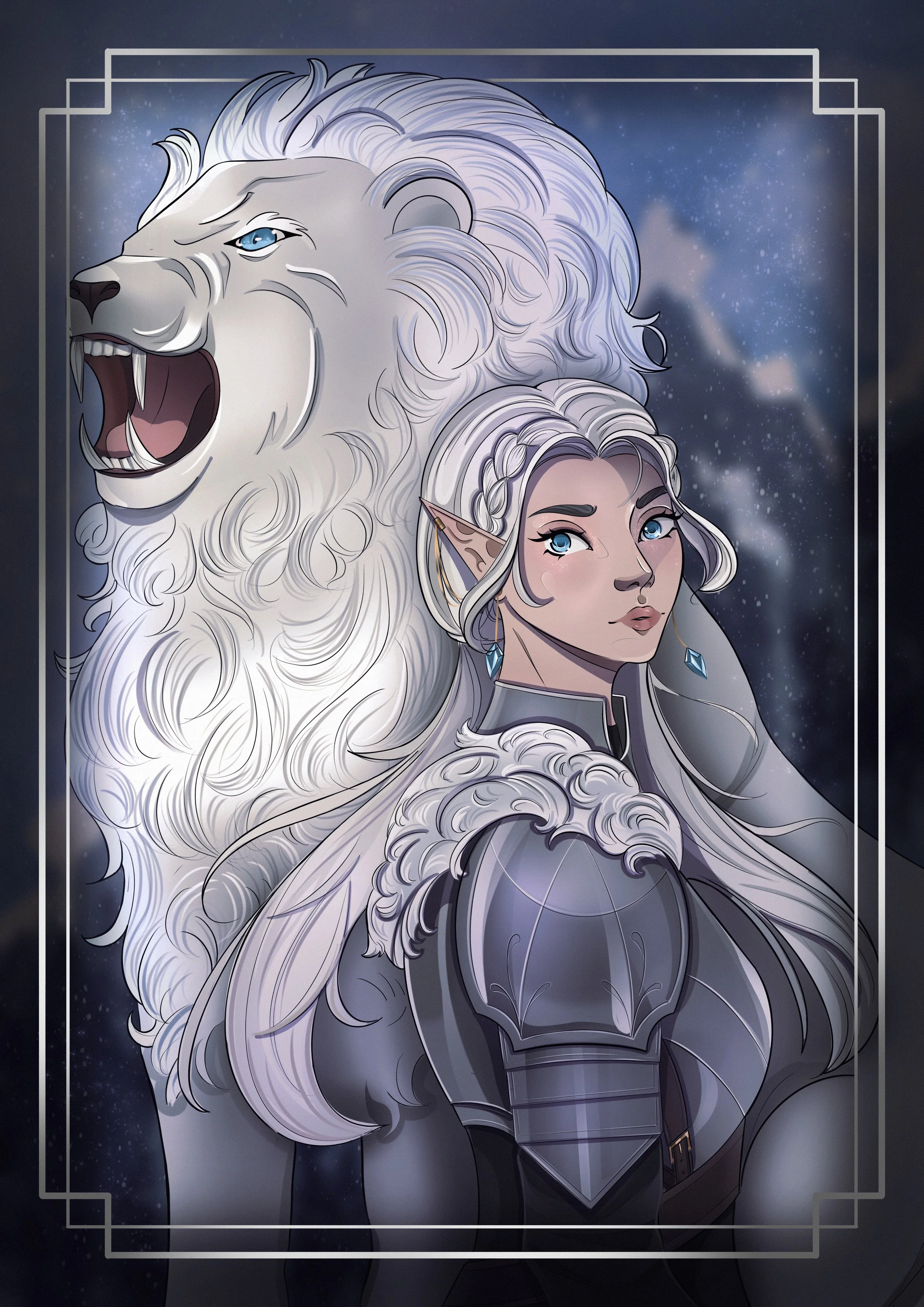 Fantasy-Illustration einer elfischen Kriegerin mit weißen Haaren und leuchtend blauen Augen neben einem großen weißen Wolf vor sternenbedecktem Hintergrund.