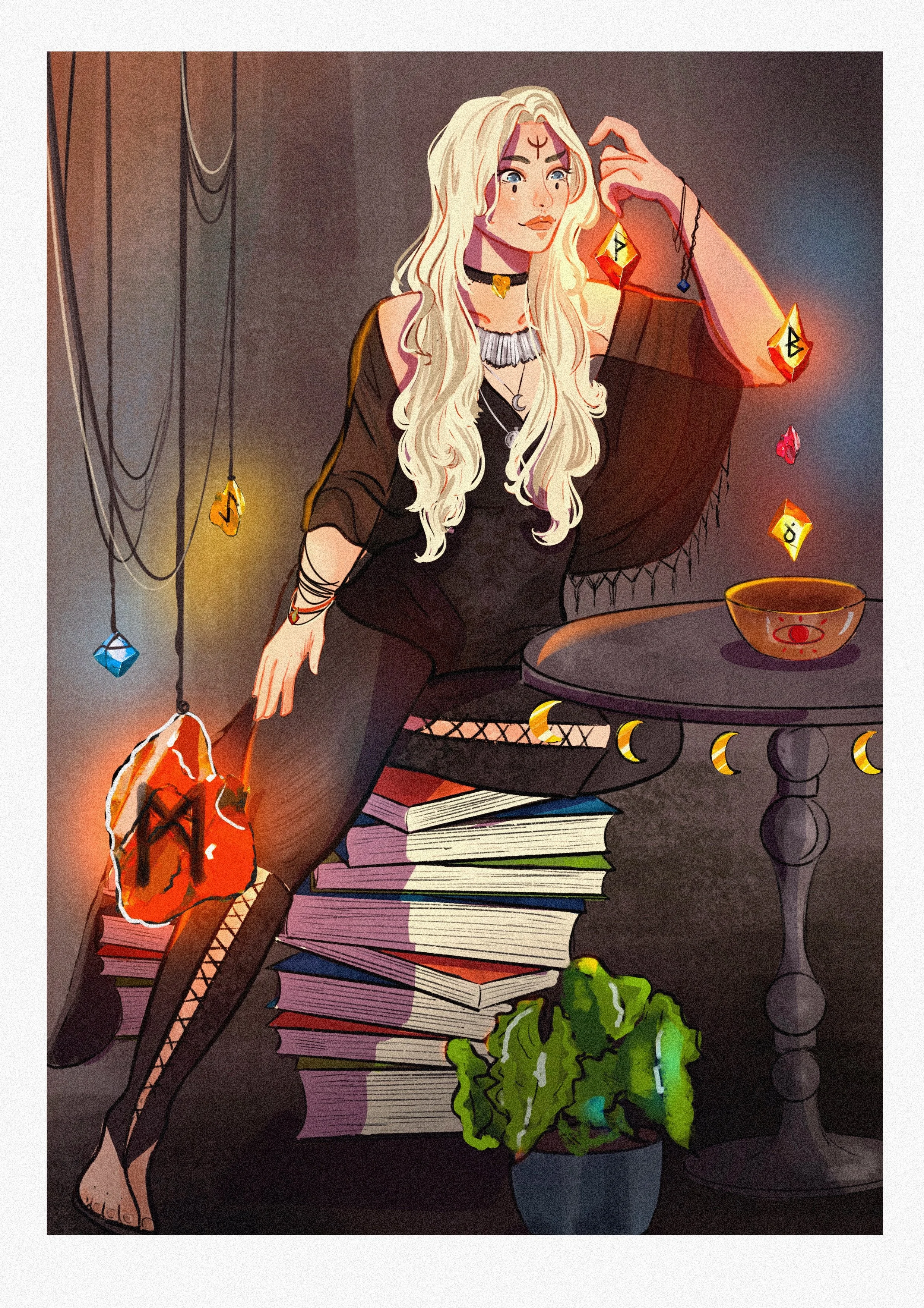 Illustration einer blonden Hexe mit Tarot-Symbolen, Kristallen, Büchern, Kerze, Teetasse und Topfpflanze.