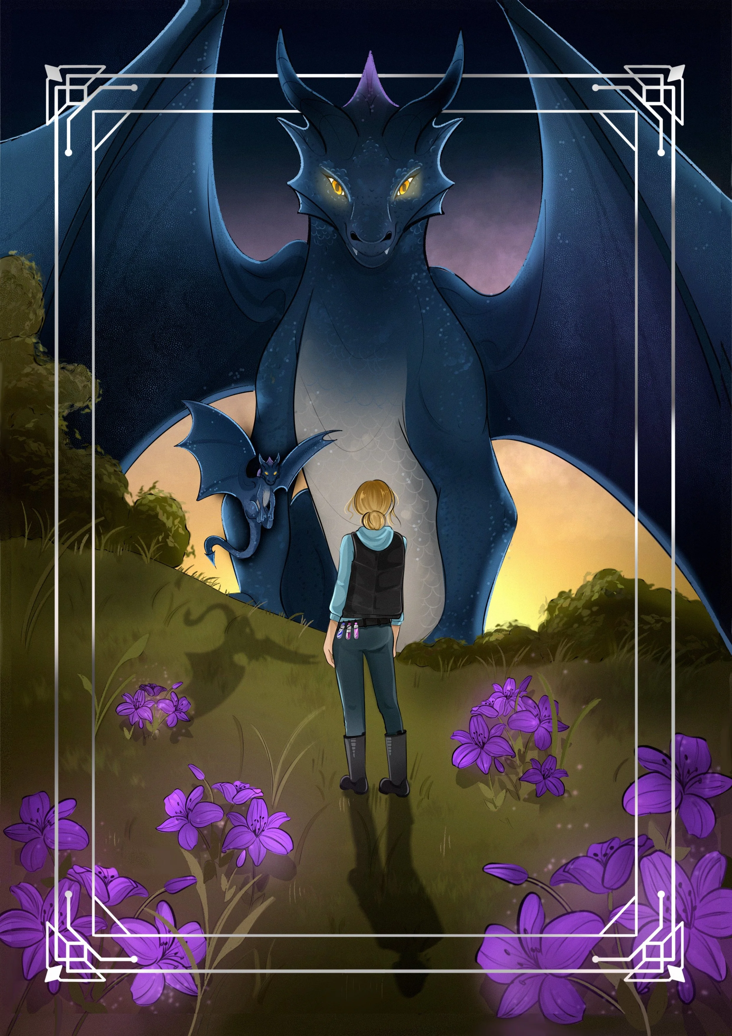 Illustration eines blauen Drachens mit leuchtend gelben Augen hinter einer Person auf einer Blumenwiese, umgeben von violetten Blüten und dekorativem Rahmen.