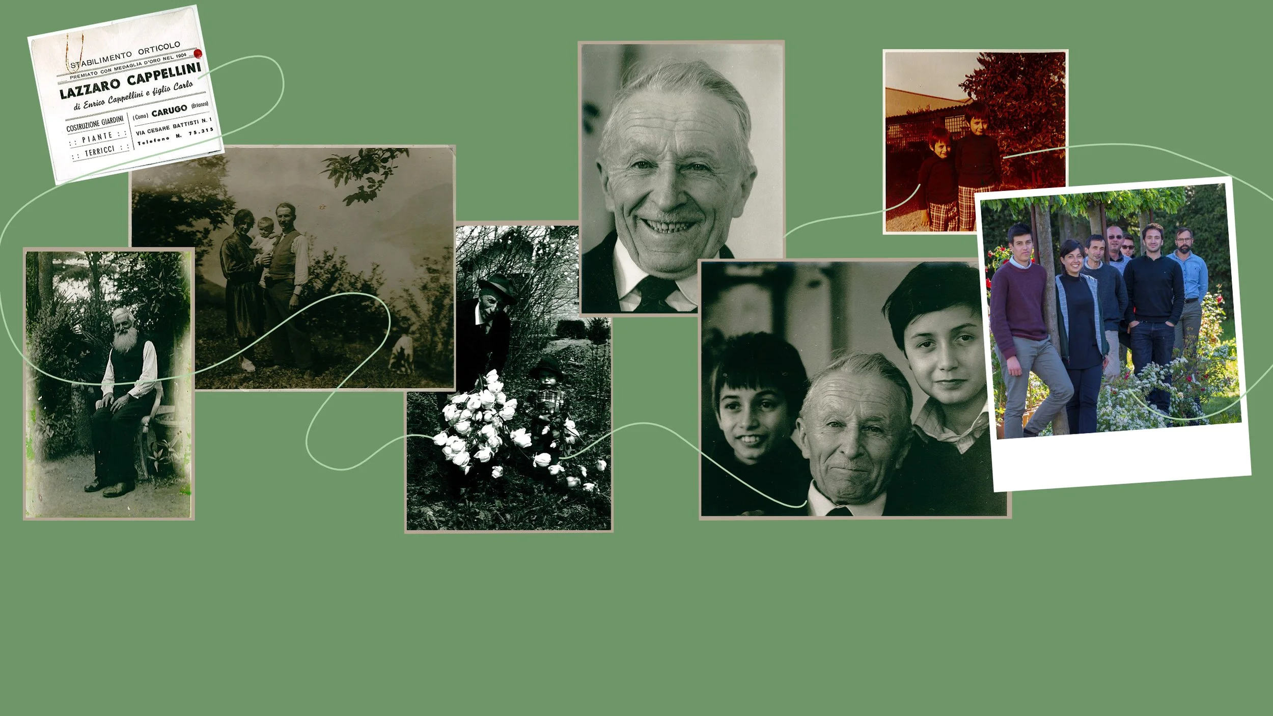 A collage of family photographs, including black and white and color images of various people at different ages and locations, set against a green background. There is also a small white document with Italian text and a red dot.