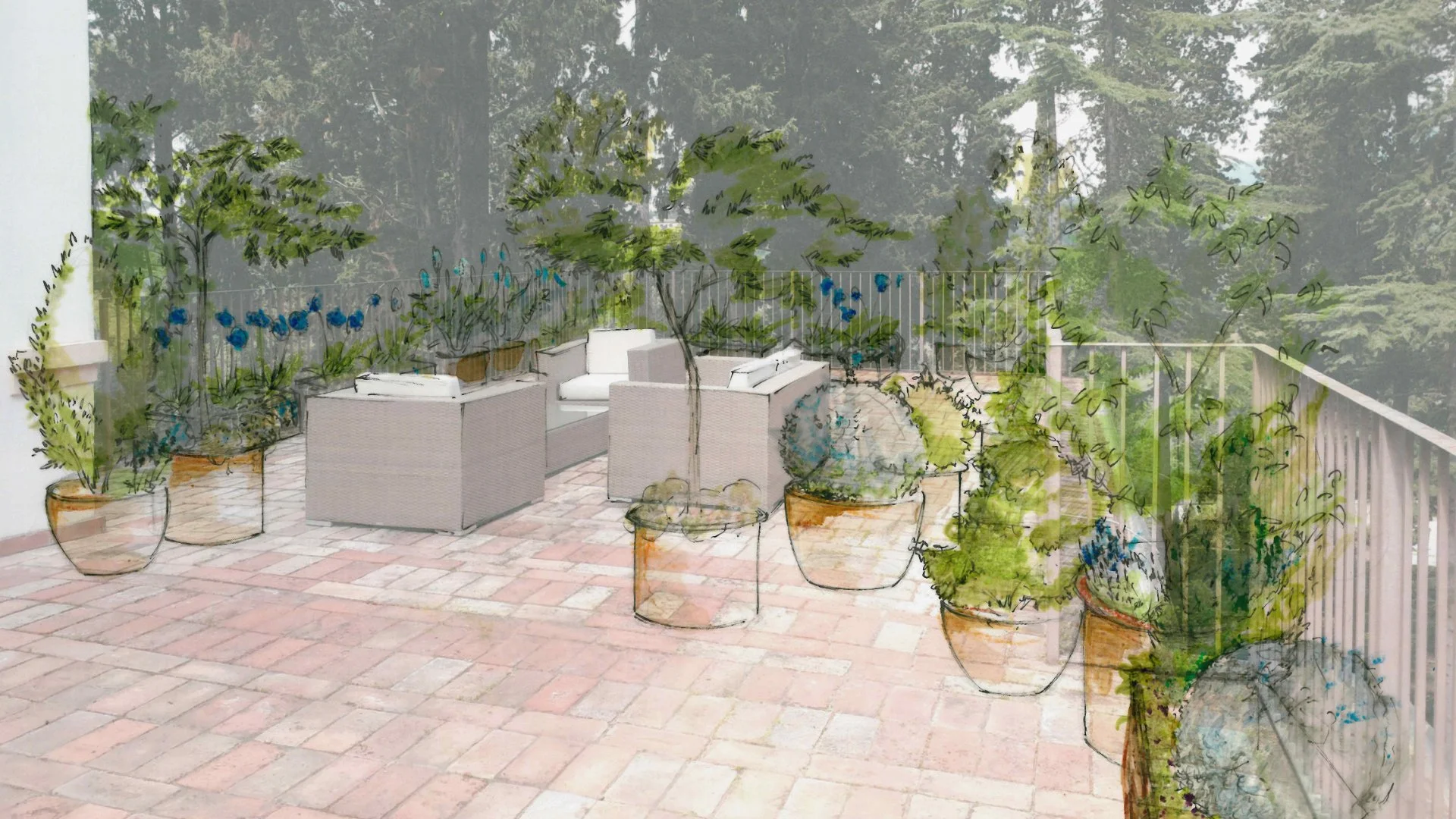 A balcony with outdoor furniture, potted plants, and trees, overlooking a wooded area.