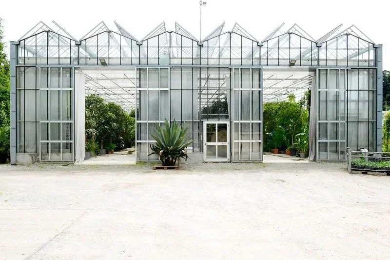 A large, modern glass greenhouse with a central entrance, filled with greenery and potted plants.
