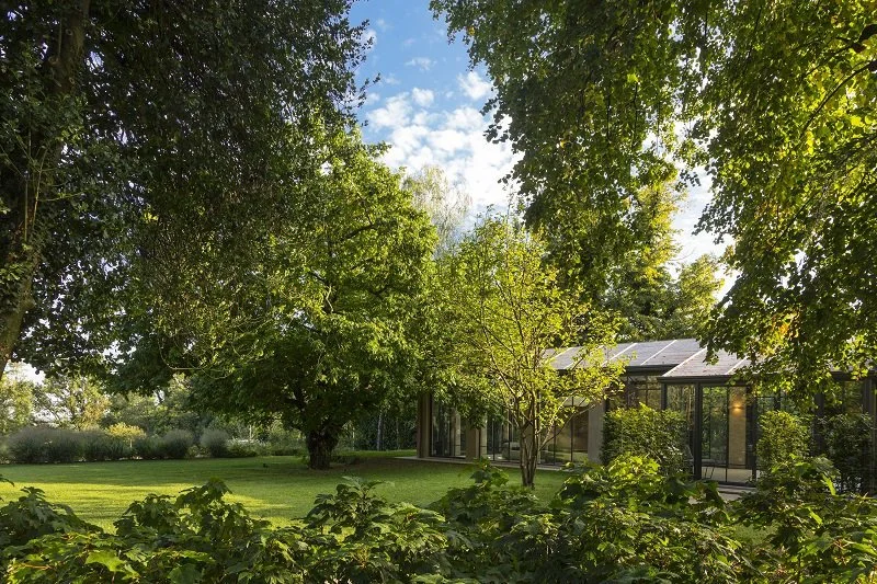 A modern house with large glass windows is surrounded by lush green trees and a well-maintained lawn under a partly cloudy sky.