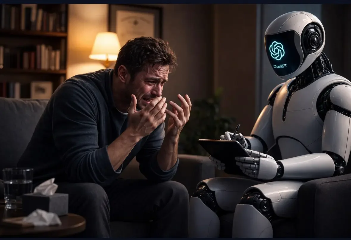 AI robot therapist unsuccessfully trying to help distressed male client with an addiction
