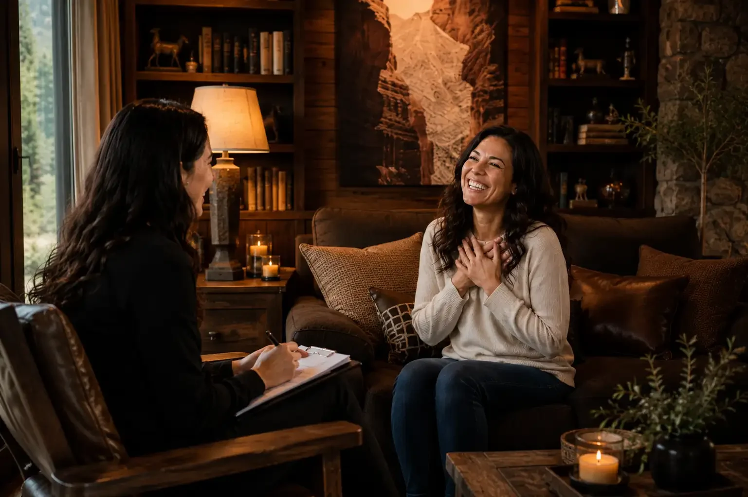 A woman laughing with surprise and joy during a subconscious rewiring RTT® therapy session, amazed by how quickly change happened.