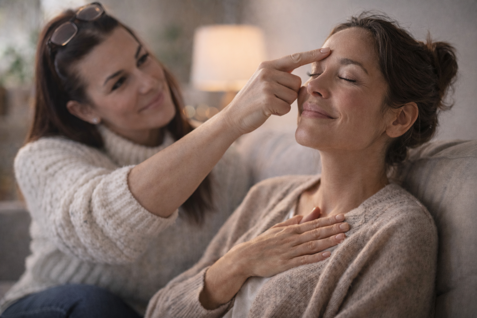 A therapist guiding a client through a subconscious rewiring RTT® hypnotherapy session, with the client in a deeply relaxed state.