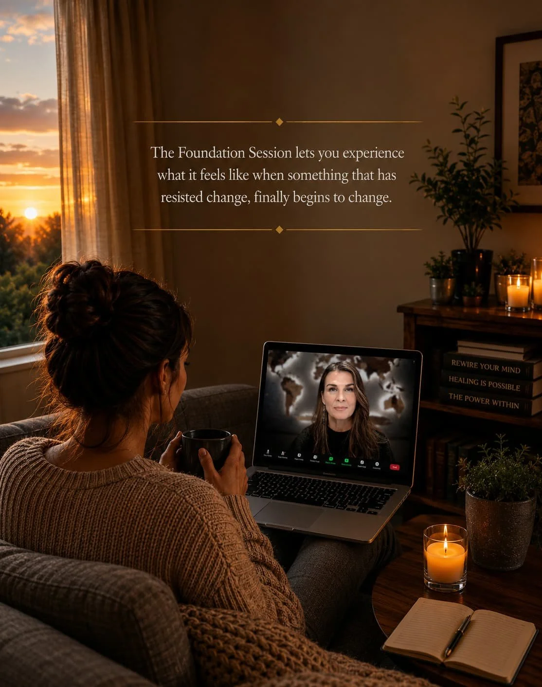 A client in a cozy room having an online subconscious rewiring RTT® therapy session with Deborah Belmonte via laptop, with text reading: The Foundation Session lets you experience what it feels like when something finally begins to change