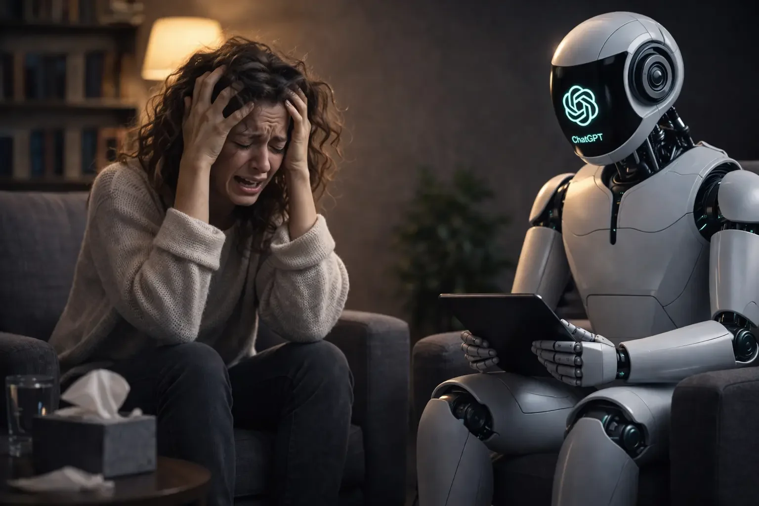 AI robot therapist unsuccessfully trying to help female client overcome anxiety