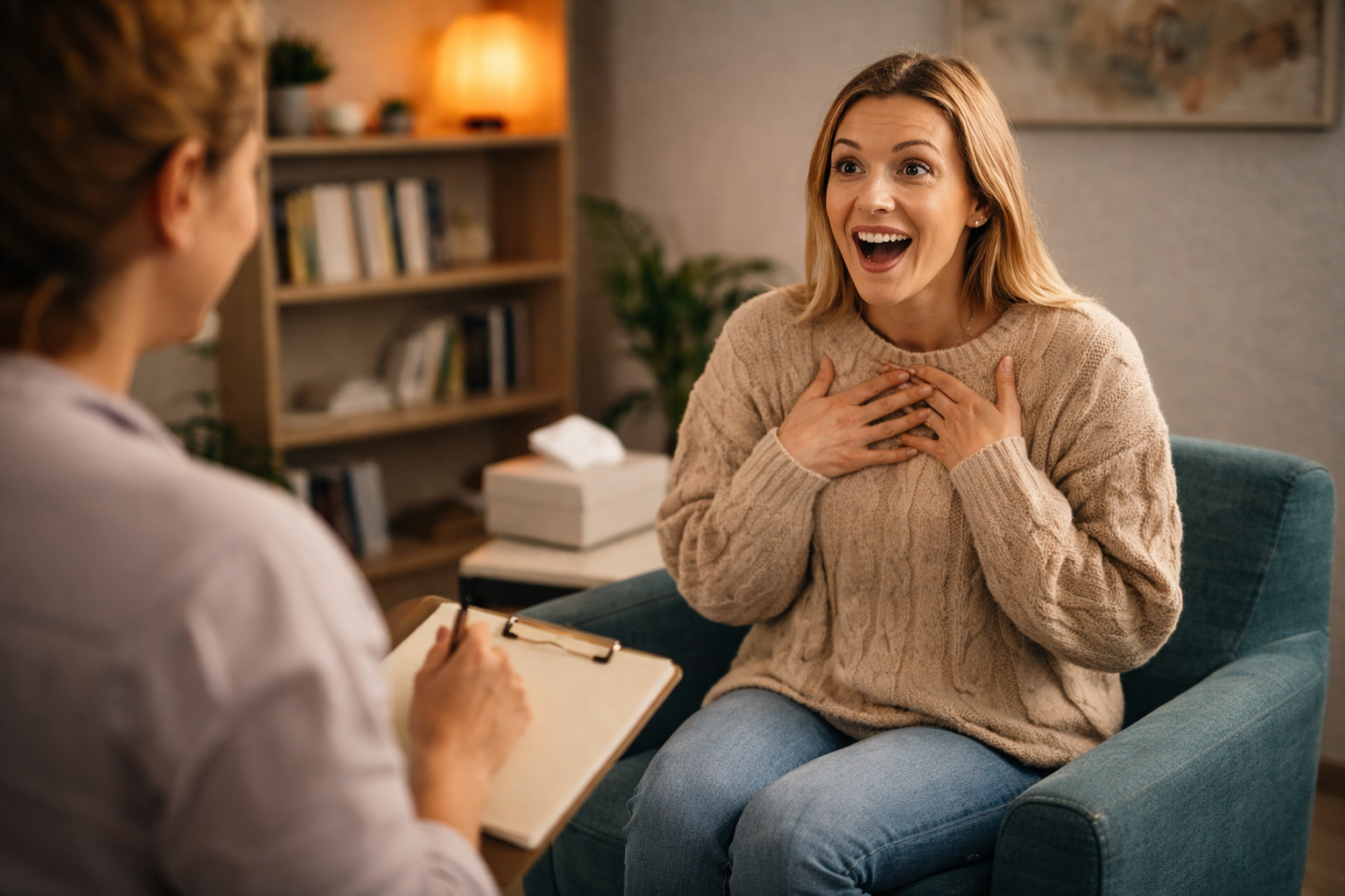 A client showing joy with how quickly subconscious rewiring and nervous system regulation works