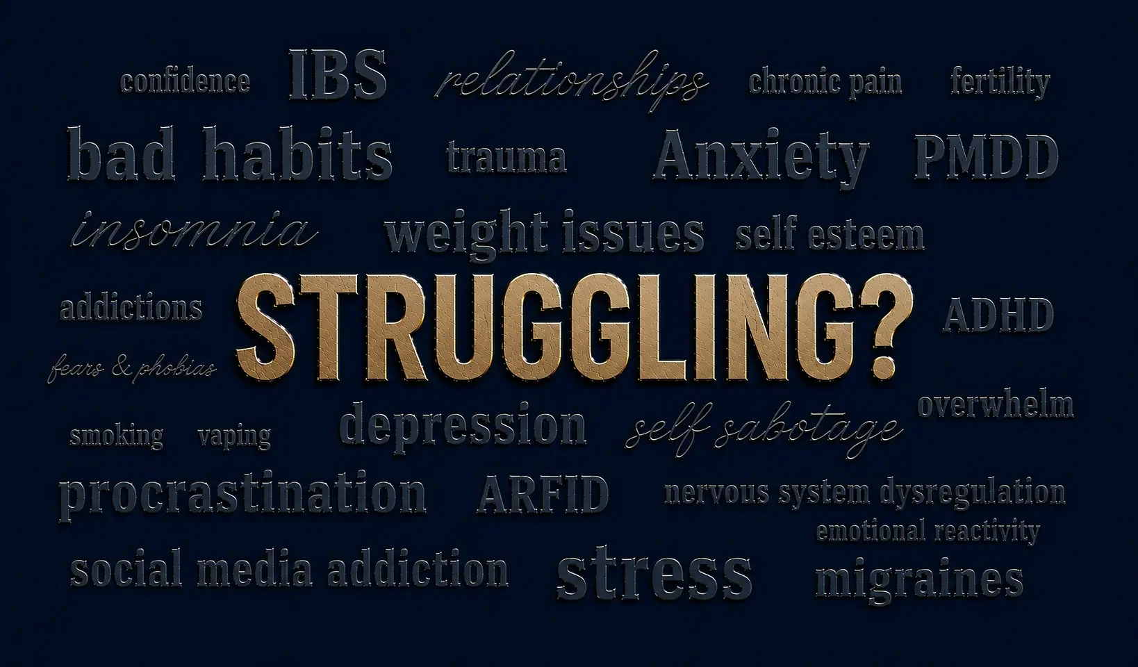 Text Graphic with word cloud reading: Struggling? Confidence, IBS, relationships, chronic pain, fertility, bad habits, trauma, anxiety, PMDD, insomnia, weight loss, self esteem, addictions, overwhelm, fears & phobias, smoking, self sabotage etc