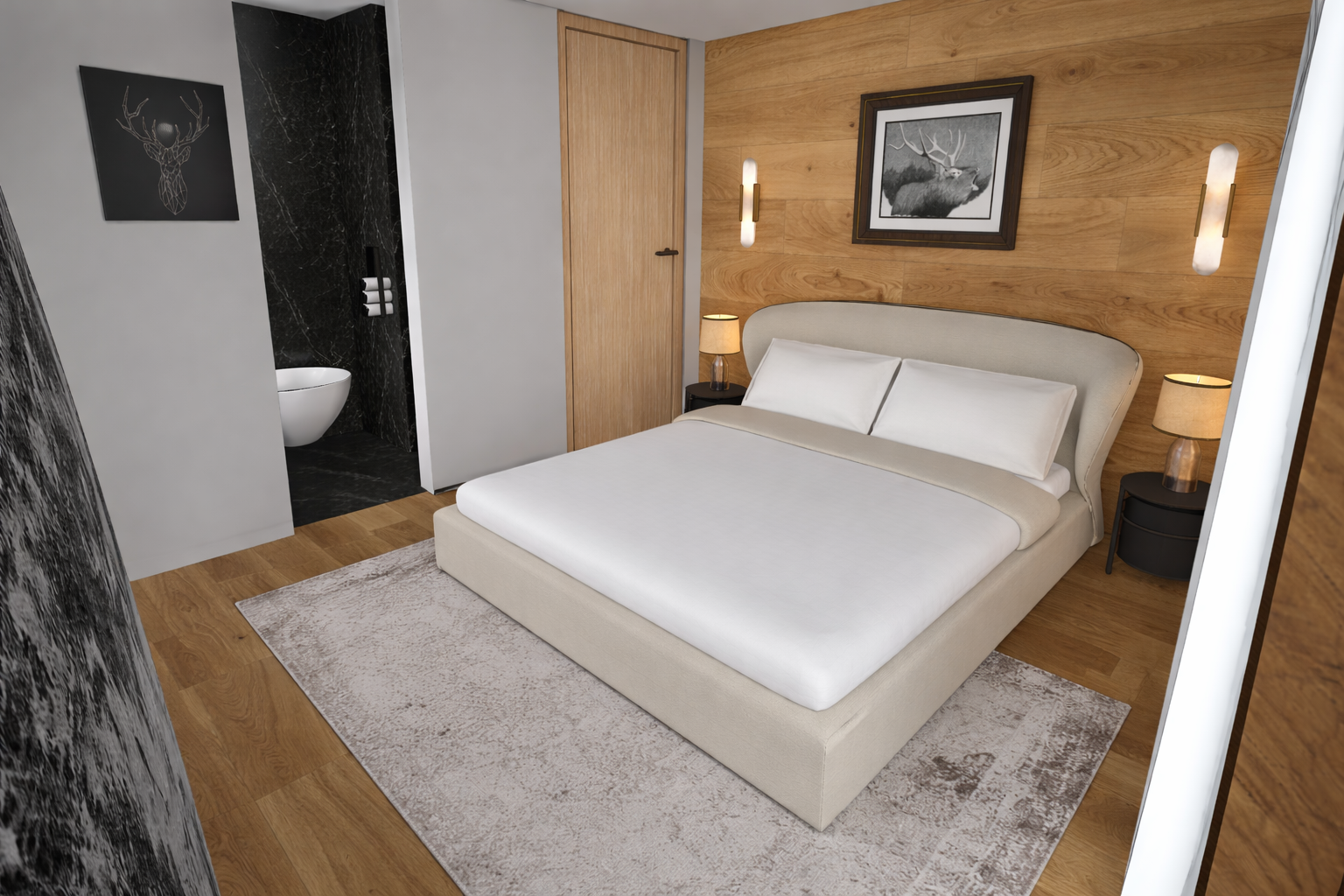 Chambre d'hôtel moderne avec lit king-size, deux tables de nuit avec lampes, tableau de cerf, et salle de bain attenante visible avec toilette.