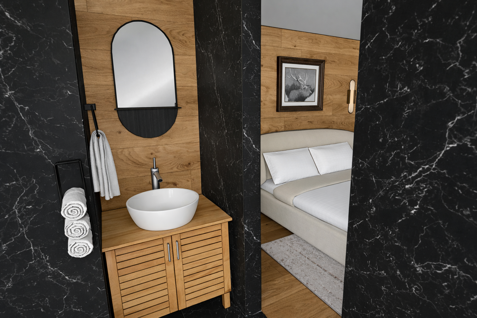 Une cabine de salle de bain moderne avec un lavabo rond en céramique blanche, un miroir ovale, des serviettes blanches roulées, un mur en bois et une partie du lit visible dans la chambre voisine.