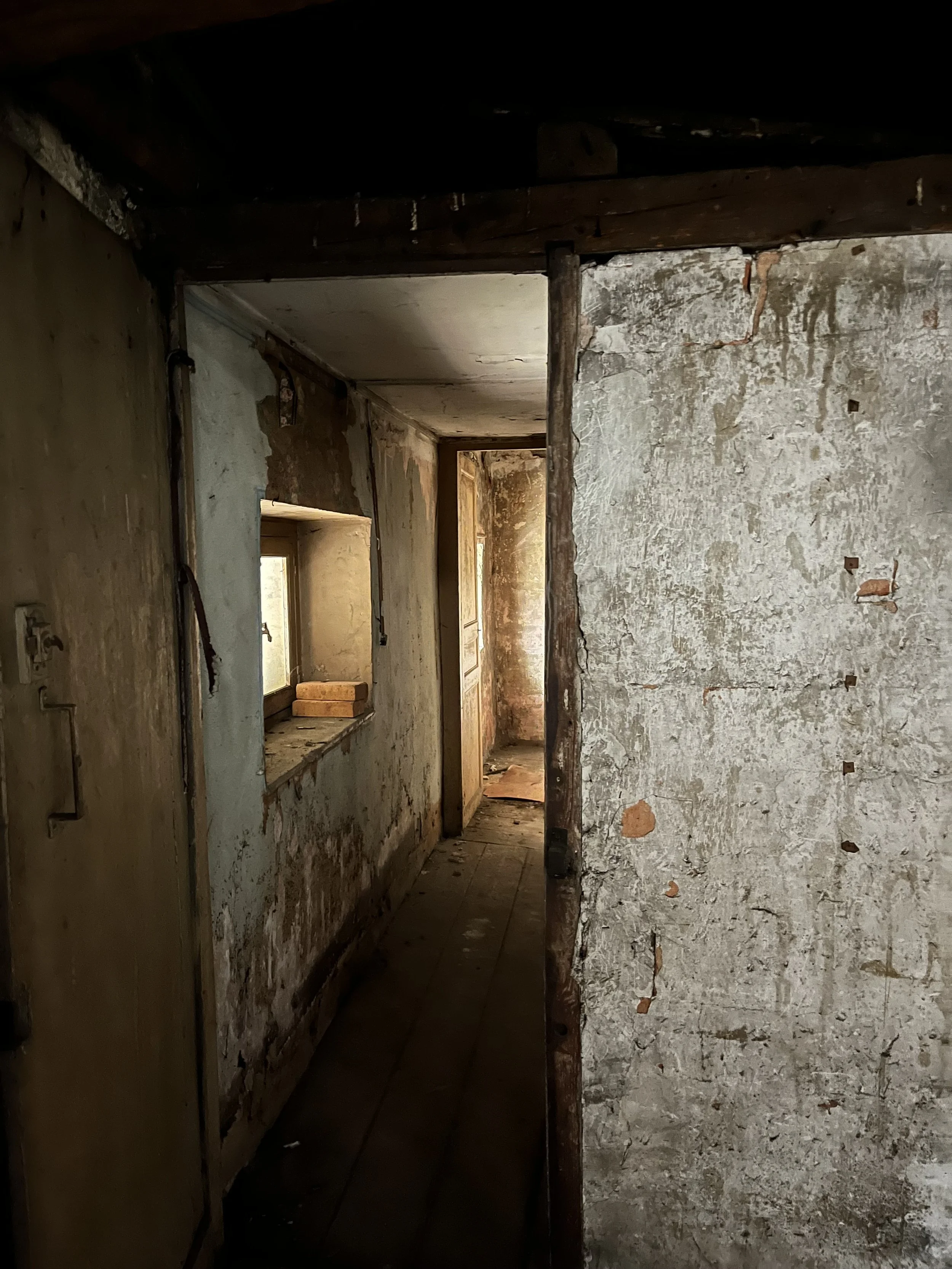 Avant rénovation : intérieur de maison ancienne à rénover, murs dégradés et faible luminosité, projet de transformation et rénovation intérieure à Annecy ou à distance.