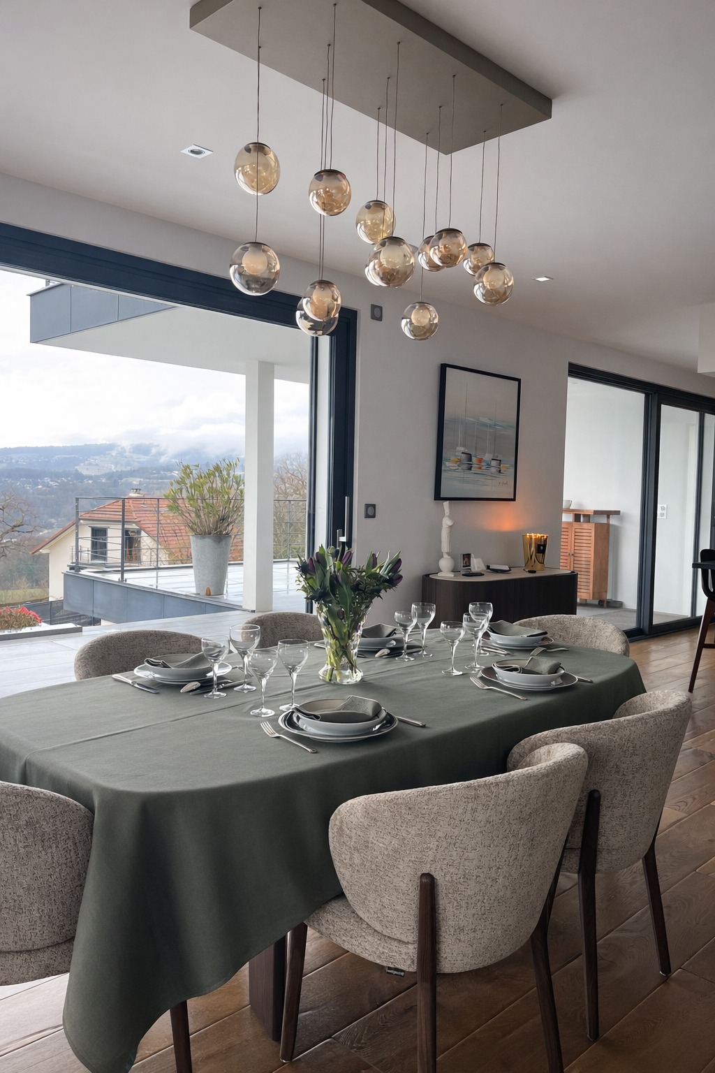Salle à manger moderne avec table dressée pour un repas, vue sur un balcon avec vue panoramique, suspension de luminaires élégants, décoration minimaliste avec une peinture, une plante, et une petite console.