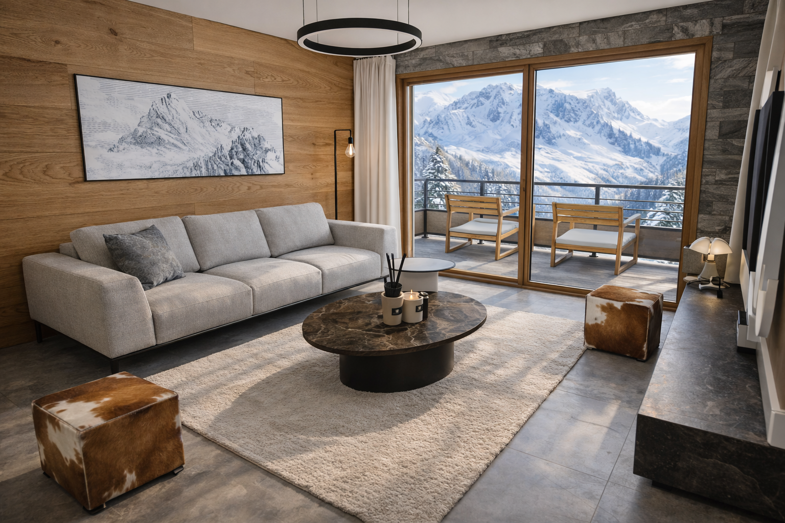 Salon moderne avec canapé gris, tapis beige, table basse en marbre foncé, deux poufs avec motif animal gravide, grande fenêtre avec vue sur montagnes enneigées et balcon avec deux chaises en bois et coussins blancs.