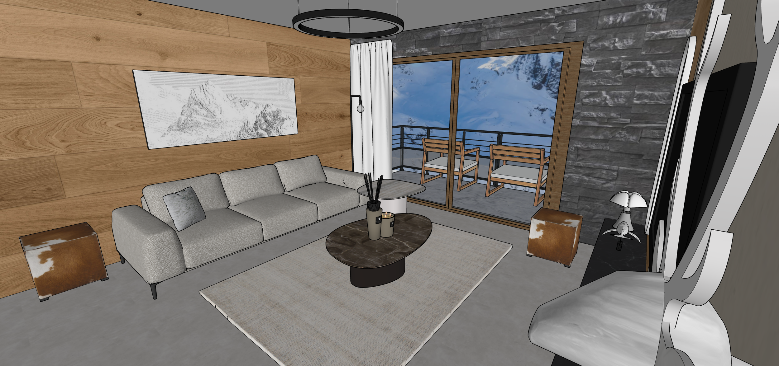 Salon avec canapé gris, table basse en marbre, fauteuils en cuir en peau de vache, vue sur un balcon avec chaises en bois, décoration moderne, mur en pierre, peinture de montagne, luminaires modernes.