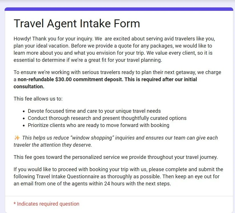 Travel Client Intake Form | Google Forms Template for New Travel Agents
